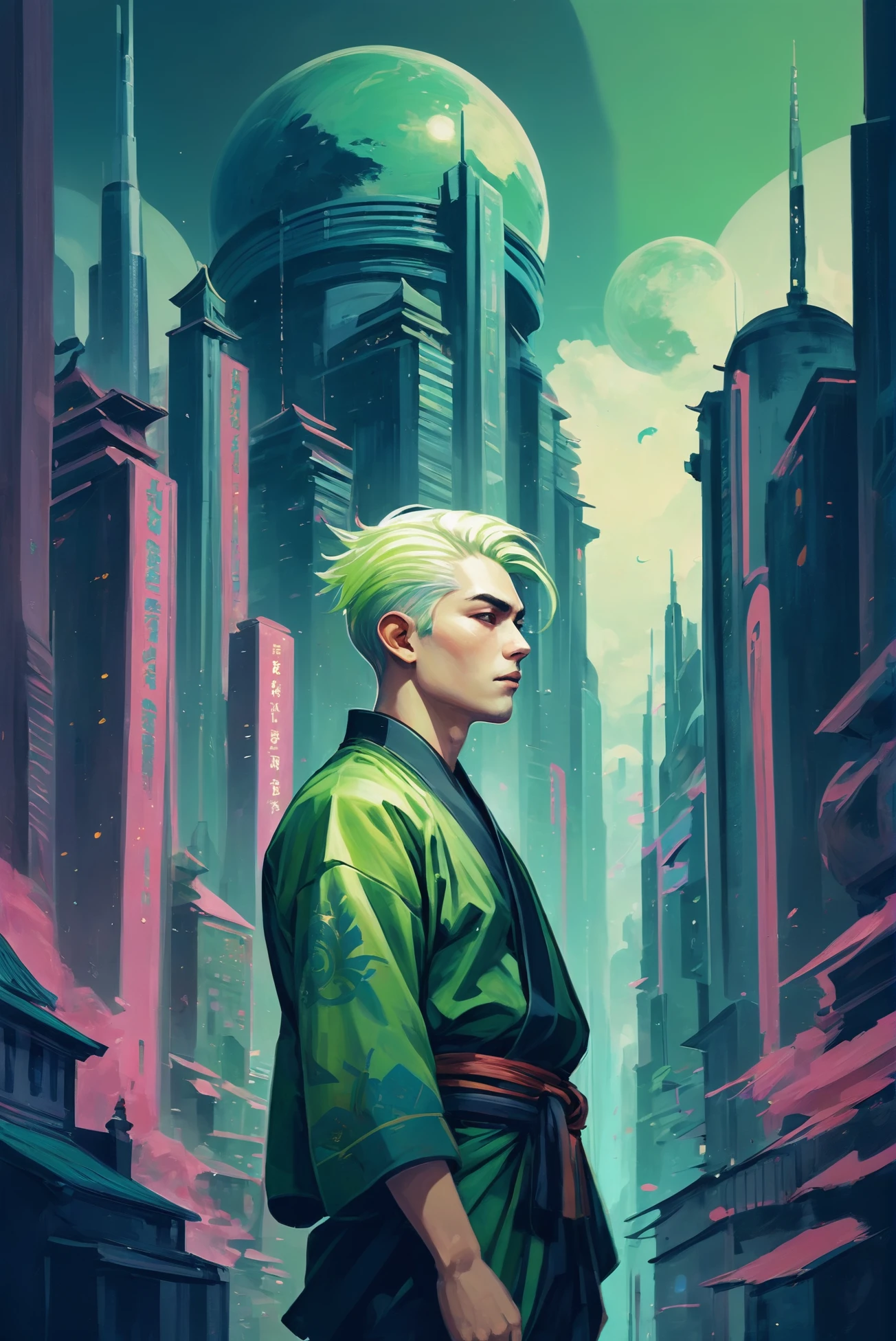 digital painting, art deco propaganda poster man, (full body:1.2), 1boy, man, solo, [:fantastical costume design,:0.2] mystic, yukata, (asian:1.3), pastel limegreen hair, (solid:1) build, a indescribable,utopian scifi mountainside city outside of reality, masterpiece<lora:EnvyAstropunkXL01_Cities:1>