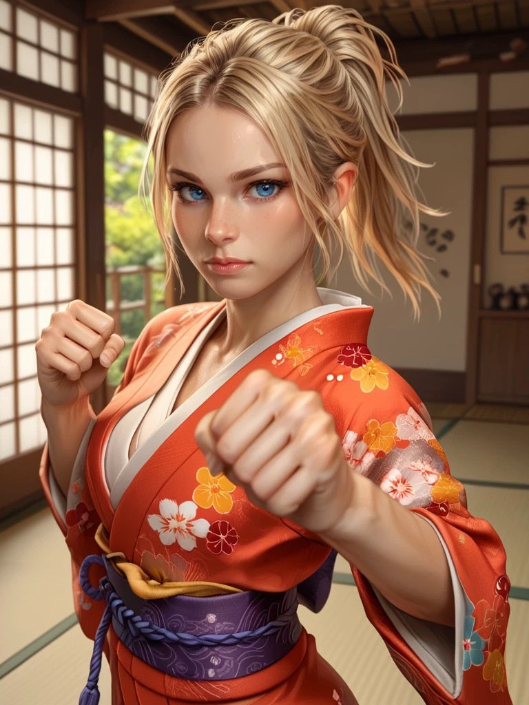 score_9, score_8_up, score_7_up, BREAK, solo,  blue eyes,  marion_rousse, ponytail hair, detailed background, fit, fighting stance, kimono,  in a dojo, blonde hair, looking at viewer <lora:marion_rousse_xl:0.9>