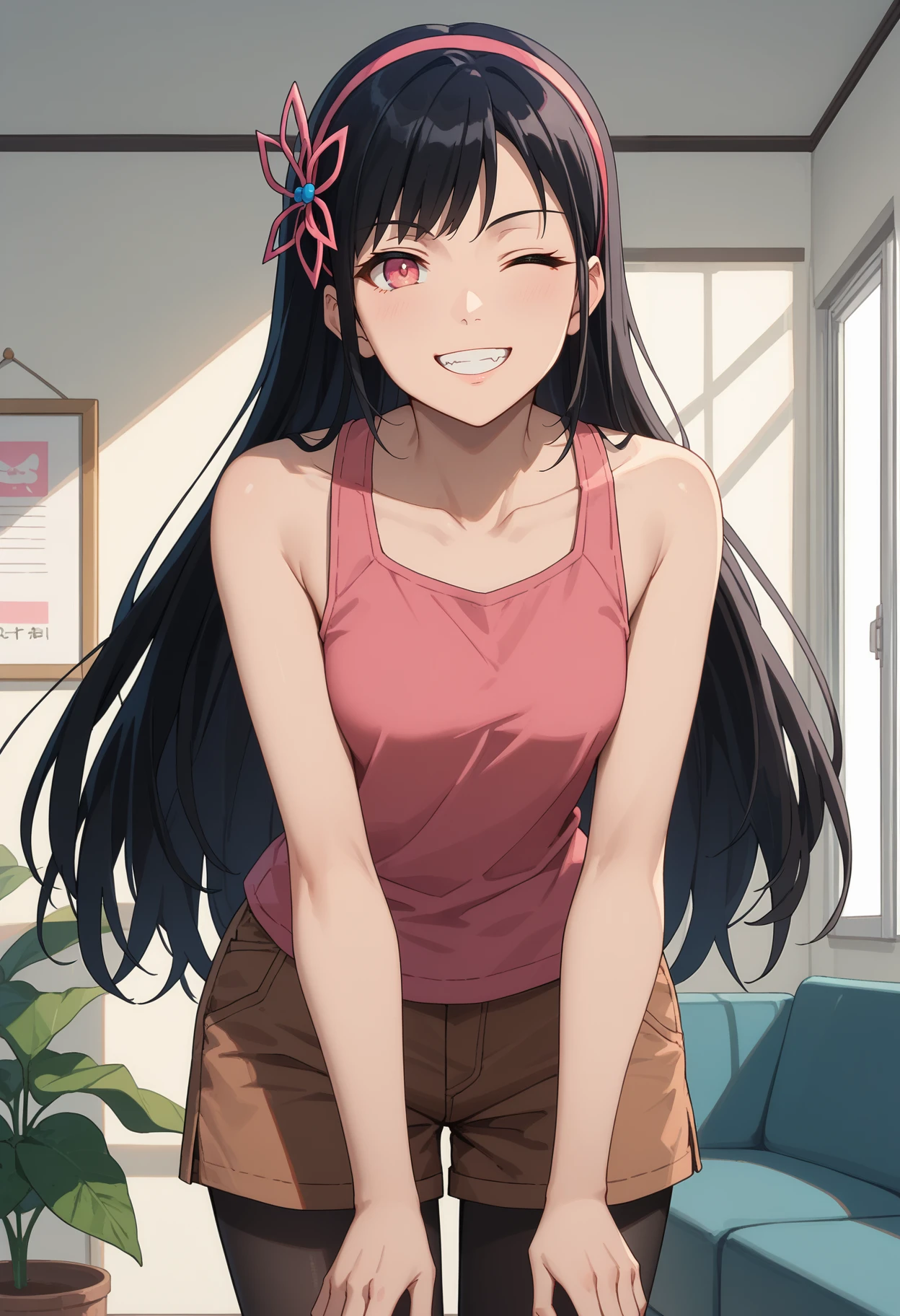 score_9, score_8_up,
<lora:TowerOfGod_YeonYihwaXL:0.9>, YeonYihwa,
1girl, solo, open mouth, smile, grin, 
black hair, long hair, pink eyes, one eye closed, hairband, hair ornament,
tank top, pink shirt, bare shoulders, brown shorts, black pantyhose,
standing, looking at viewer, leaning forward,
indoors