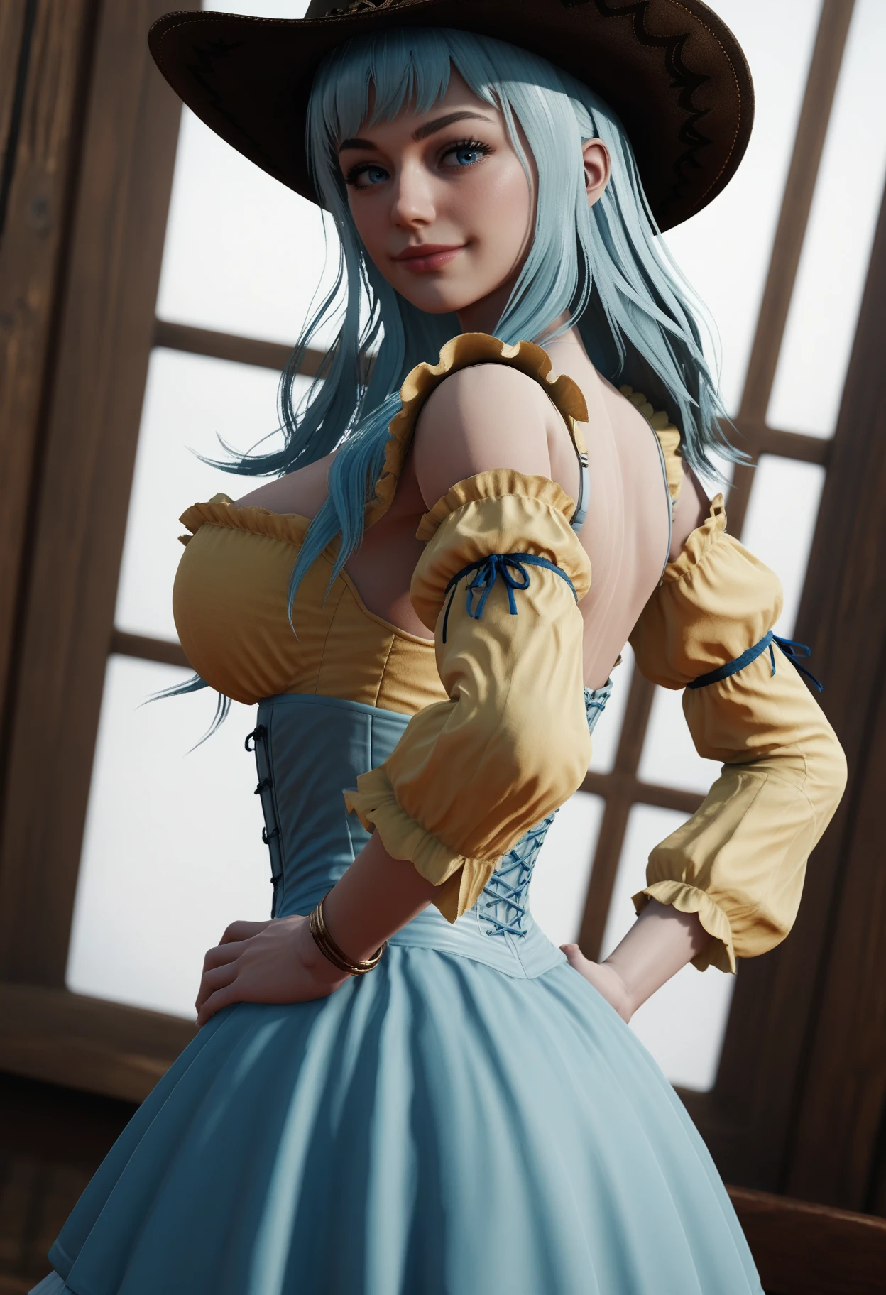 score_9, score_8_up, score_7_up,
1girl, solo, yellow shirt:frills:detached sleeves:puffy sleeves:long sleeves, white corset. blue skirt. pantyhose. bracelet. cowboy hat. blue eyes. standing, looking at viewer, seductive smile, hands on own hips, wide shot, from side, dutch angle, 
<lora:Dark_Calypso_Pony_v1.0:0.75> d4rkc4lyps0,