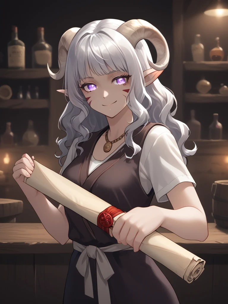 source_furry, score_7_up, rating_safe, cowboy shot, close up, source_anime,anime face,<lora:whisker_markings:0.8>red whisker_markings, silver long wavy hair, tavern, bell necklace, short pointy ears, purple eyes, <lora:age_slider_v4:0.6>
<lora:Tieflingnew weird fantasyDND:0.3><lora:Smooth Style 2 SDXL_LoRA_Pony Diffusion V6 XL:0.3> smile, open eyes, 
<lora:Test_Diana:0.8> tiefling_bard_diana, <lora:INKxXmo shaded face:0.8> Shaded Face:1.2,INKxXmo Dark Theme, 
 <lora:sealed_scroll:0.7> sealed_scroll:1.6, holding sealed_scroll, outstretched arms, standing, palm,