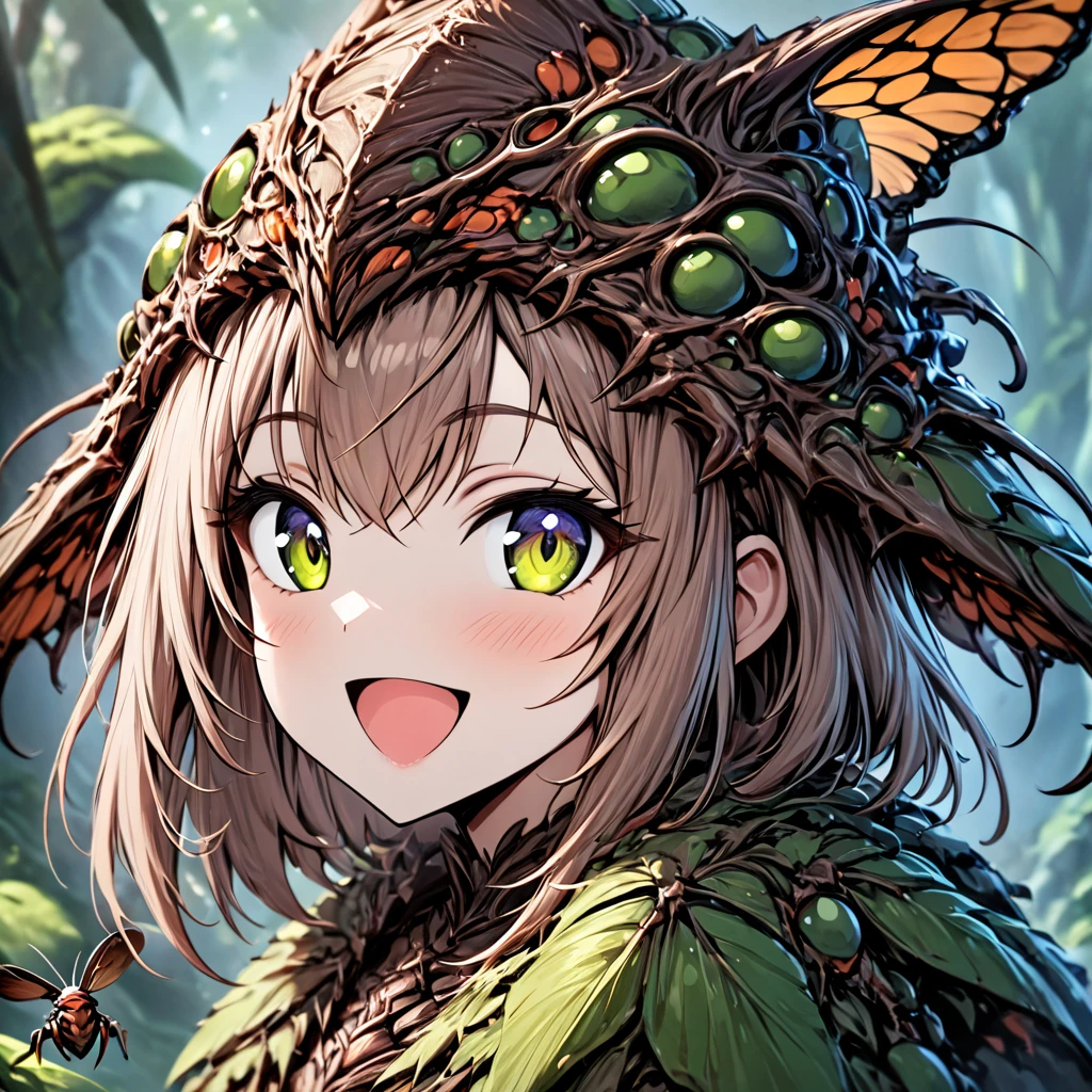 monsterworld, masterpiece,high resolution,detail,
, 1girl,solo, open mouth, smile, portrait, :d, looking at viewer,insect hat
 <lora:monster_world-xl-10:0.8>