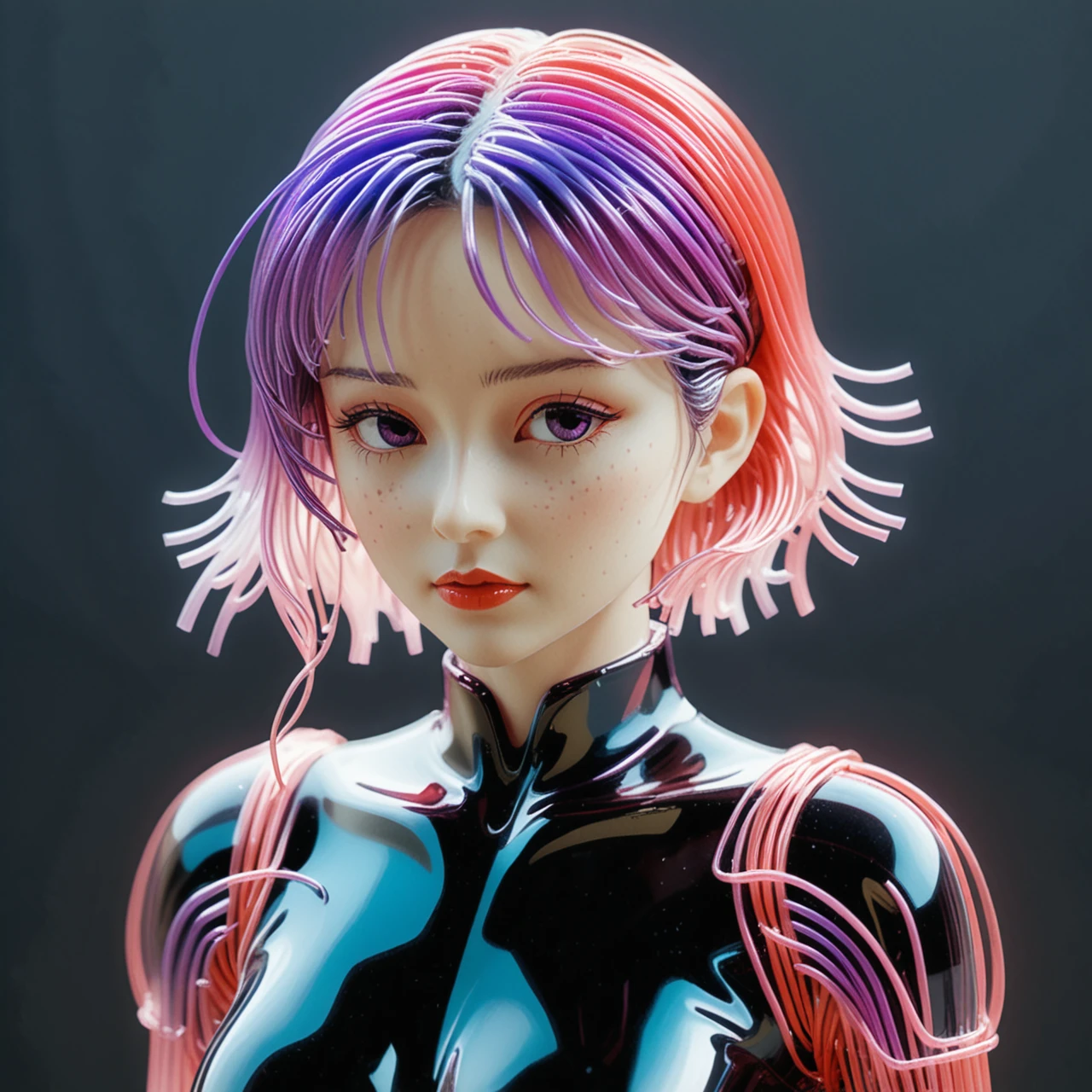 (Ombre color scheme of neon light pink ,neon red ,neon purple ) anime woman, office, <lora:World_of_Filaments:0.8> made of, tiny glass neon filaments, w0f1