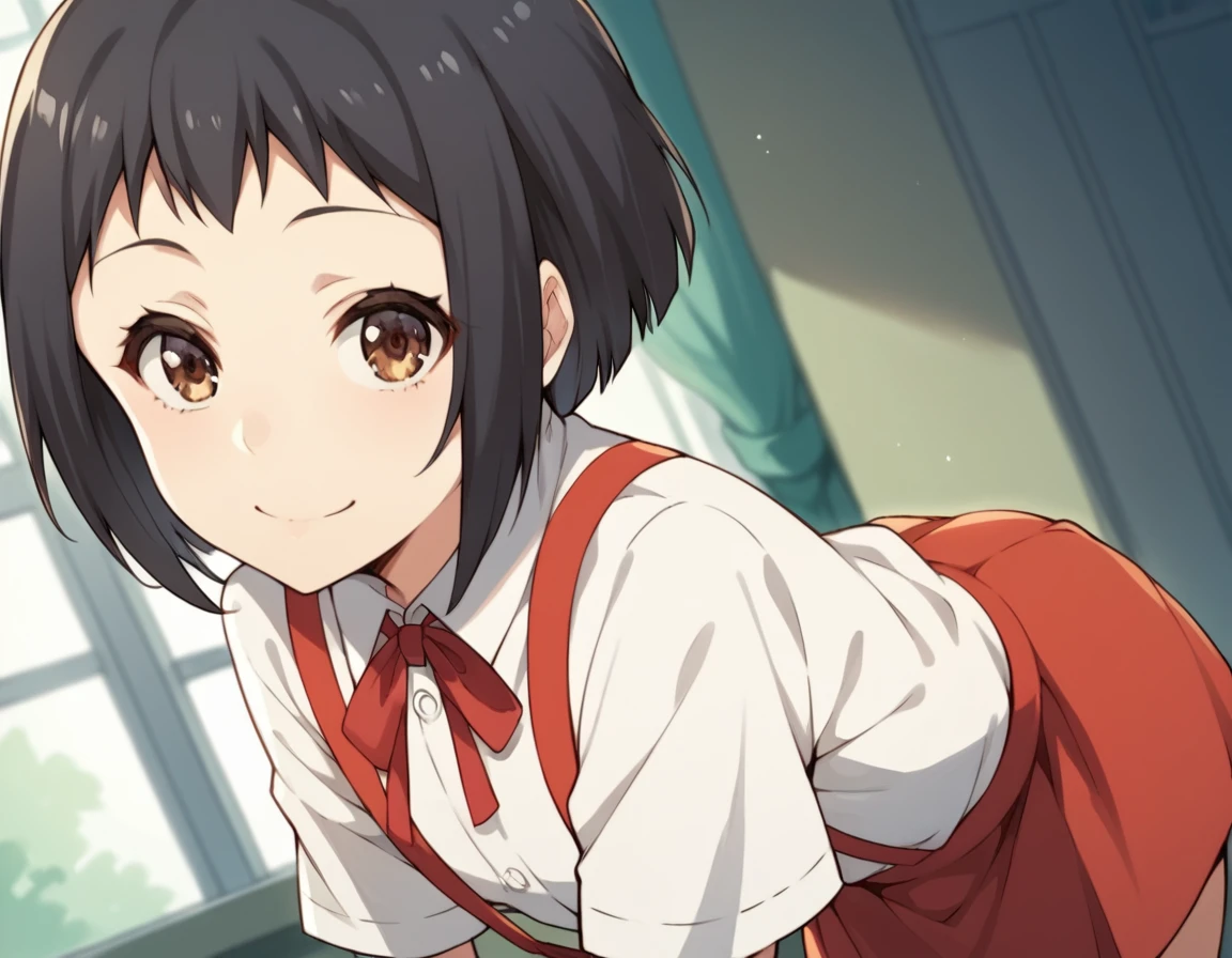 score_9, score_8_up, score_7_up, source_anime, <lora:hanako-hasegawa-ova-ponyxl-lora-nochekaiser:1>, hanako hasegawa, short hair, black hair, brown eyes,, skirt, shirt, ribbon, school uniform, white shirt, red ribbon, suspenders,, indoors, bent over, smile, looking at viewer, solo,, cowboy shot, dutch angle