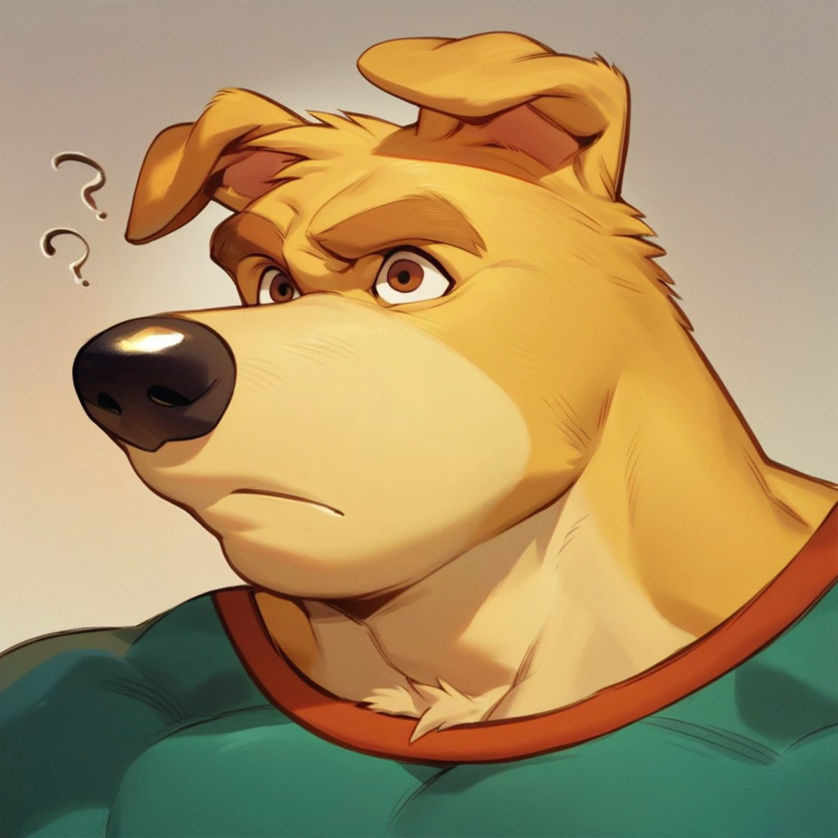 score_9, score_8_up, score_7_up, score_6_up, score_5_up, score_4_up, masterpiece, Hunter, Road Rovers, Dog, Anthro Dog, Anthro Male, furry male, Solo, Yellow Fur, Brown Eyes, Black Nose, folded ears, muscular male, confused, upset