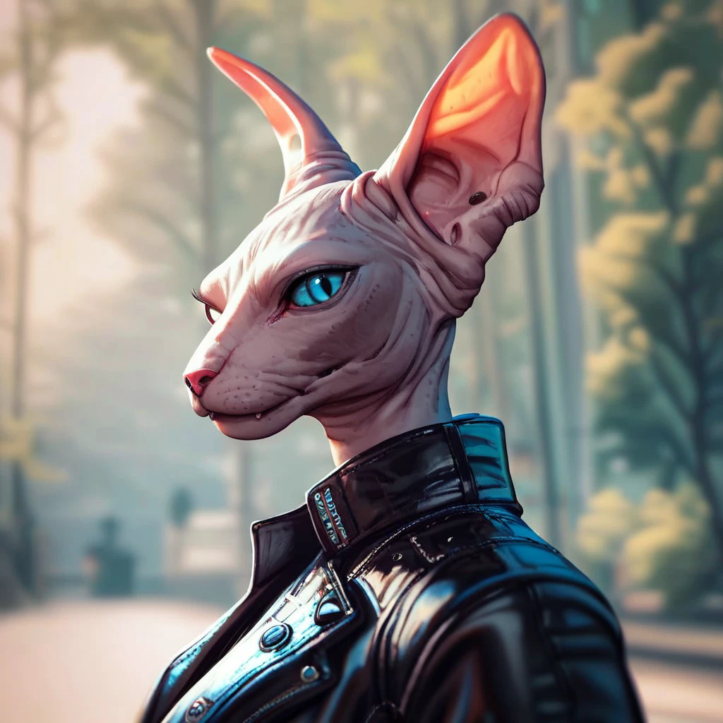 (((beautiful, detailed, high quality))), upper Body, score_9, score_8_up, score_7_up, 
tabaxi, tabaxi sphynx,
1girl, blue eyes, black leather jacket, black top,
looking at the viewer, posing, blurred background, blurred fantasy background,