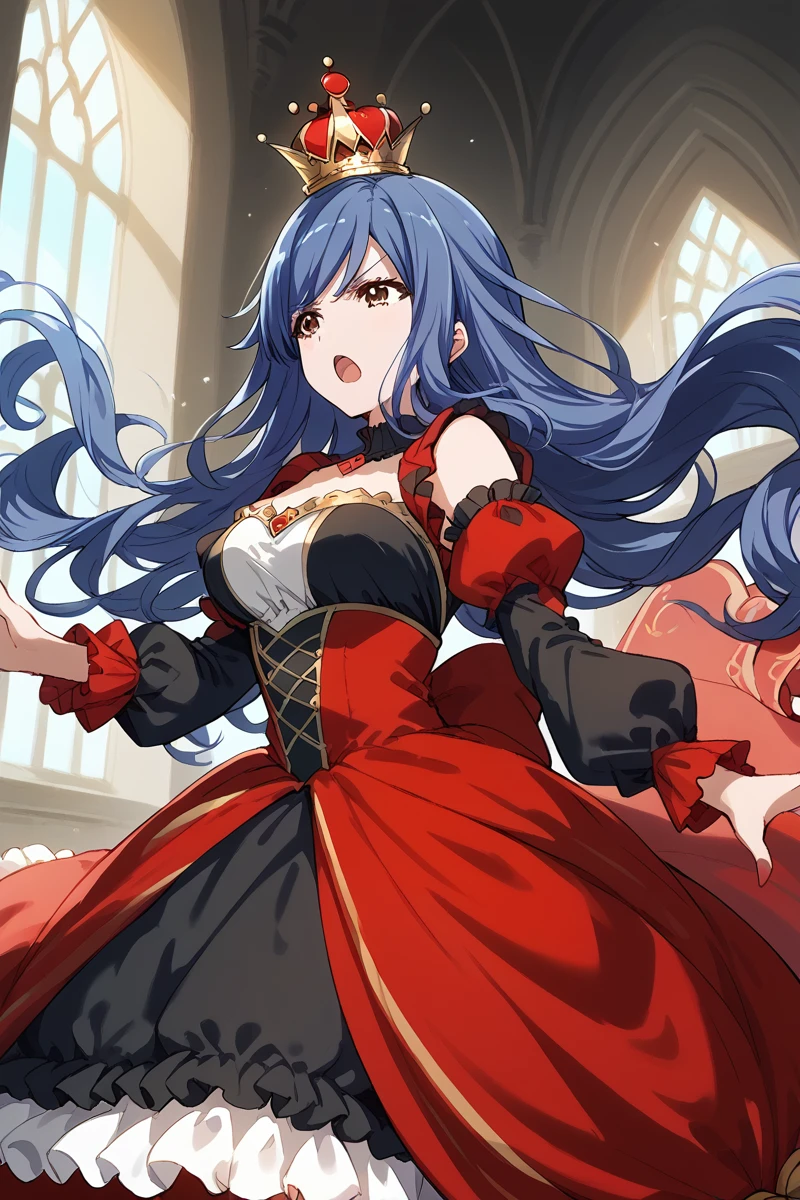 score_9, score_8_up, score_7_up, score_6_up, 1girl,
<lora:Shizuha_Kocho:0.9> shizuha, long hair, breasts, solo, blue hair, crown, holding, open mouth, dress, brown eyes, detached sleeves, indoors, red dress, black dress, mini crown, floating hair, bangs, puffy sleeves, long sleeves, red queen, frown,