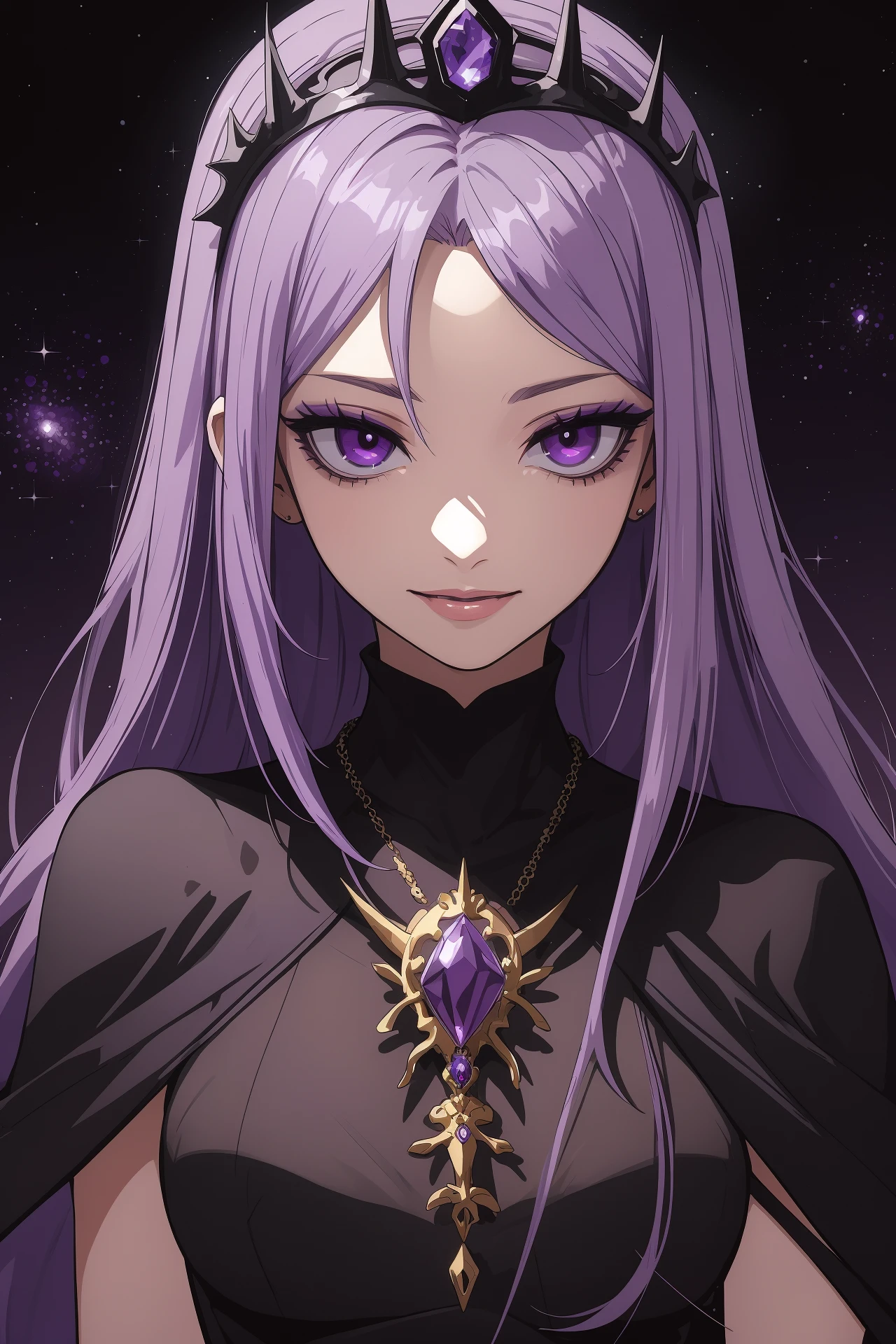 masterpiece:1.2, best quality:1.2, intricate details:1.2, ultra-detailed, illustration, sharp, dark theme,by wlop,amazing-shading,(volumetric-lighting),
(semirealistic:0.5) (Quasarcake:0.7) (Ssambatea:0.6)
solo arachne Villainess tiara, Holding-spear, (purple-eyeliner:1.5) jitome smile purple-lips (purple-skin:1) amethyst jewel-necklace (black-dress/turtleneck) capelet spider-symbol purple-Galaxy-background purple-Sky-Background
<lora:sd_v15_dpo_lora_v1:0.4>
