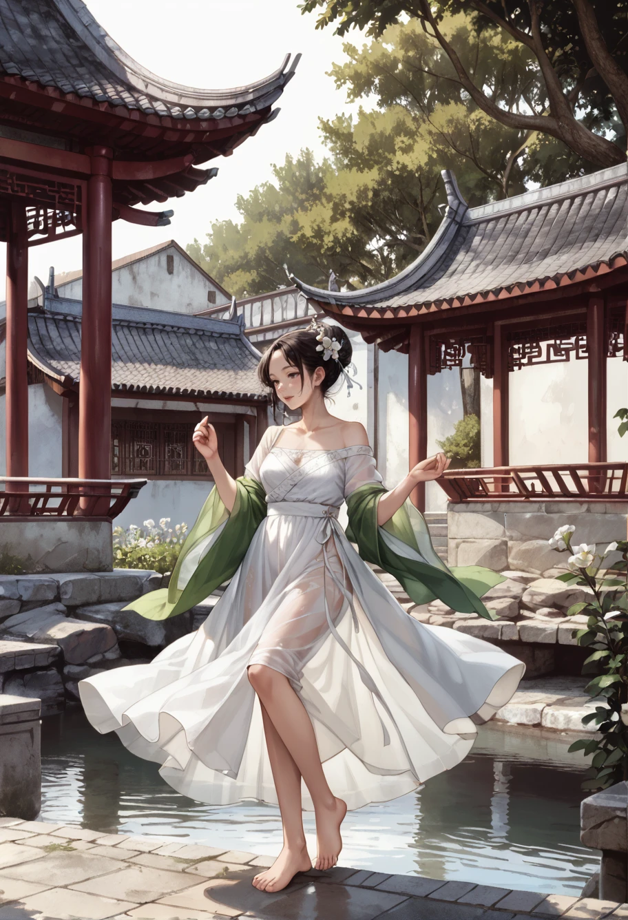 ,ruanyi0800,scenery,outdoors,east asian architecture,barefoot,dancing,flower,tree,water,,ruanyi0756,hanfu,see-through,white dress,green wide sleeves,off shoulder,shawl,<lora:0800 Chinese courtyard_v1_pony:1>,<lora:0756 green silk hanfu_v1_pony:0.8>, score_9,score_8_up,score_7_up,,8k,1girl,solo,,