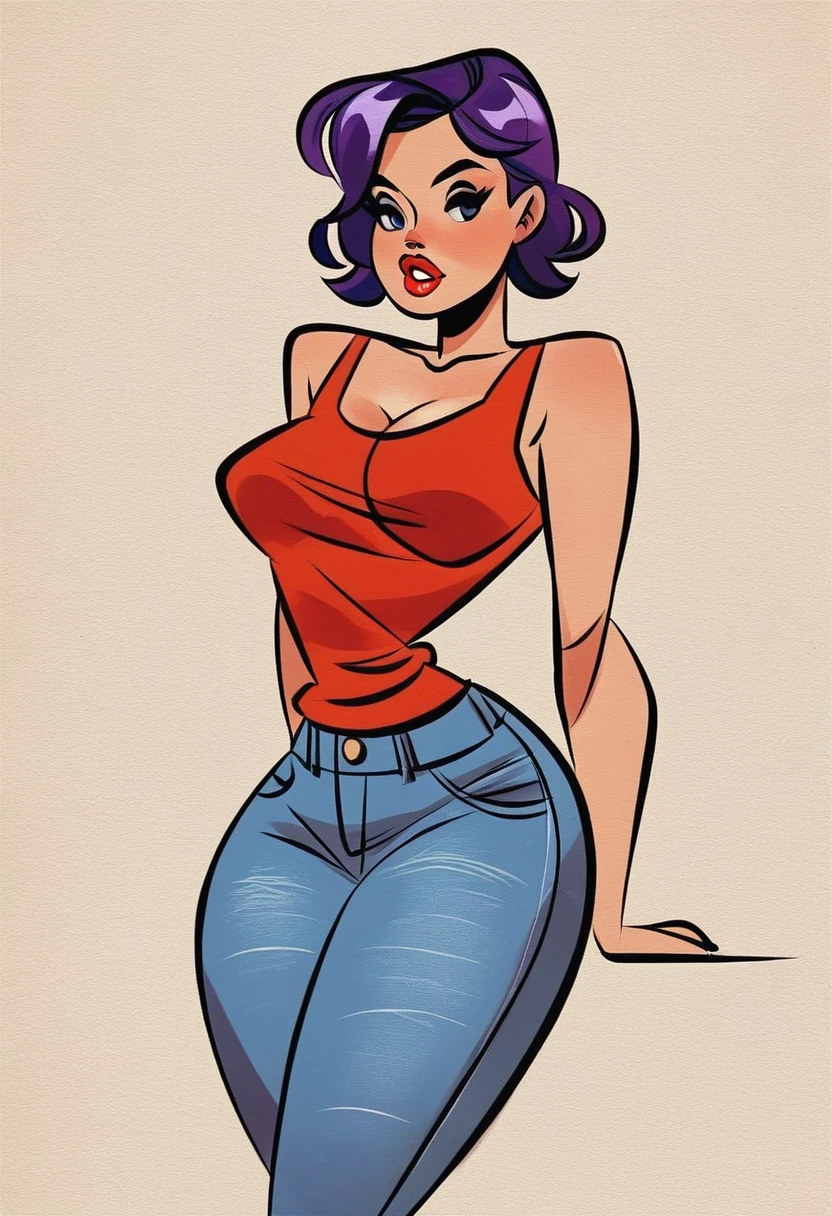 score_9, score_8_up, score_7_up, score_6_up,  <lora:Vintage_Pal_PDXL:0.8> vintagepalxl, ink and paper, pin-up, vintage, 1girl, wide hips, in the park, jeans tank top, purple hair, short hair, red lips, parted lips,