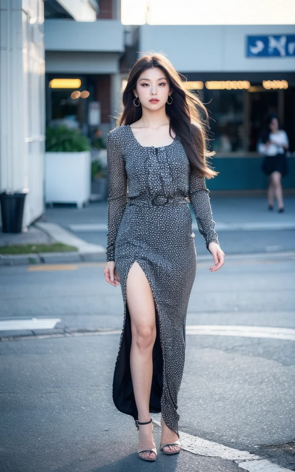 <lora:Yeji_V2:1> Yâ¬j!,, (realistic), (hyperrealism), (photorealistic:1.4), 1girl, looking at the viewer, eye makeup, detailed eyes, detailed face, (Full body:1.2), detailed background, black dress, walking at the streets, sunset, (windy:1.2)