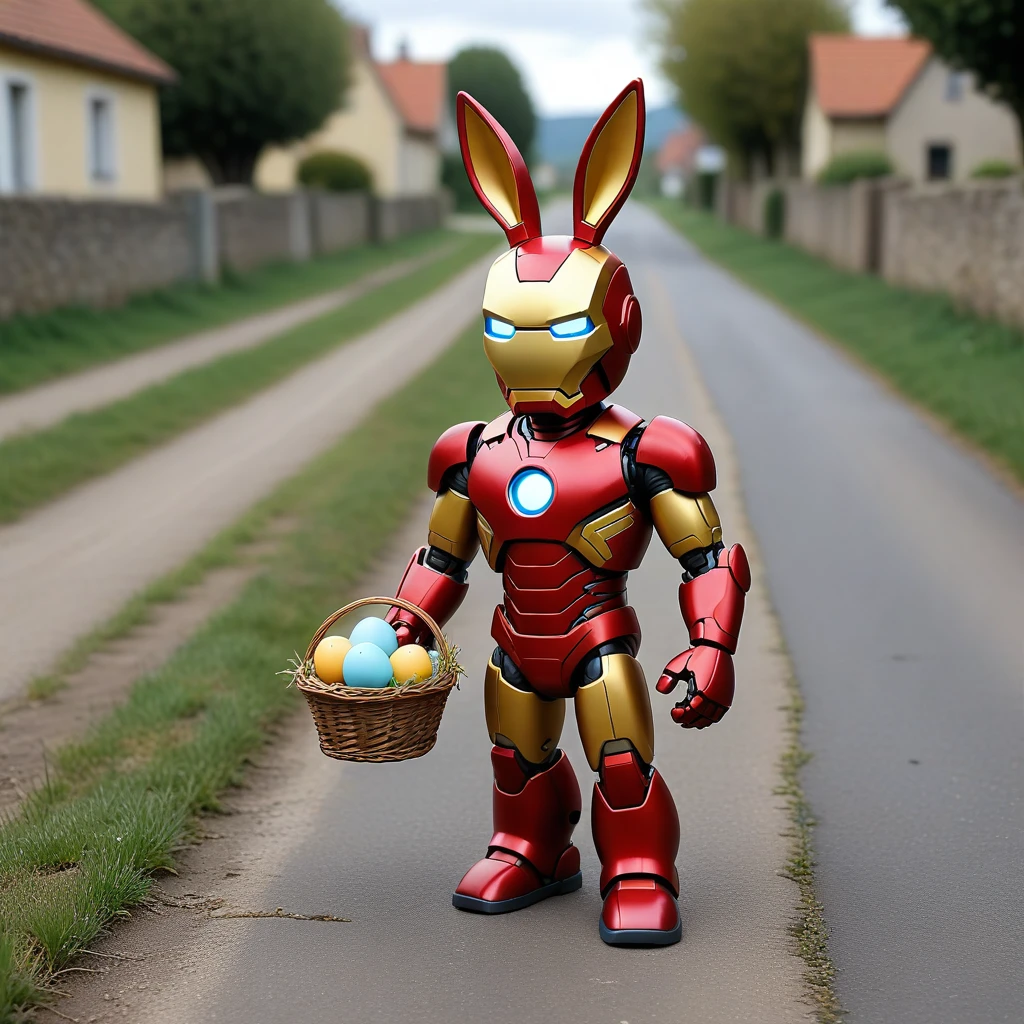 a vibrant_shot_of1 very small iron man s a bunny, 80 centimeters high,
standing on a rural country road, with houses on each side,
holding a small basket with eggs,
by pixar,
(Hyperrealistic_Trompeloeil1:1.4)