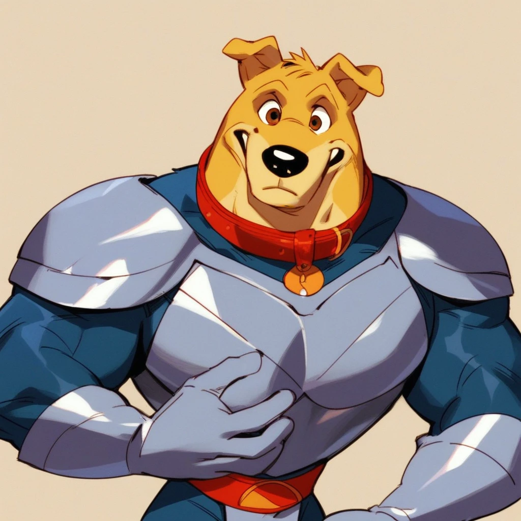 score_9, score_8_up, score_7_up, score_6_up, score_5_up, score_4_up, Hunter, Road Rovers, Dog, Anthro Dog, Anthro Male, furry male, Solo, Yellow Fur, Brown Eyes, Black Nose, folded ears, muscular male silver armor, silver armor plates, blue under-armor, sleak armor, sci-fi armor, silver gloves, red belt, red dog collar