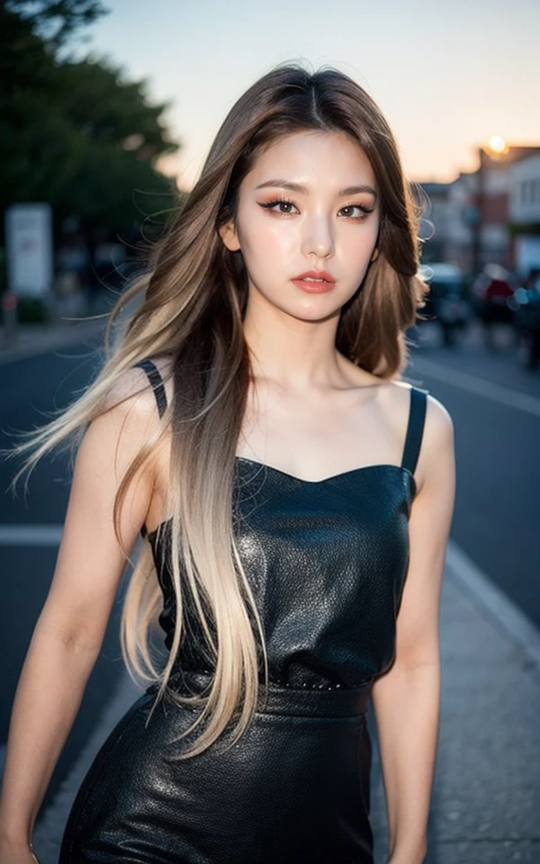 <lora:Yeji_V2:1> Yâ¬j!,, (realistic), (hyperrealism), (photorealistic:1.4), 1girl, looking at the viewer, eye makeup, detailed eyes, detailed face, (Full body:1.2), detailed background, black dress, walking at the streets, sunset, (windy:1.2)