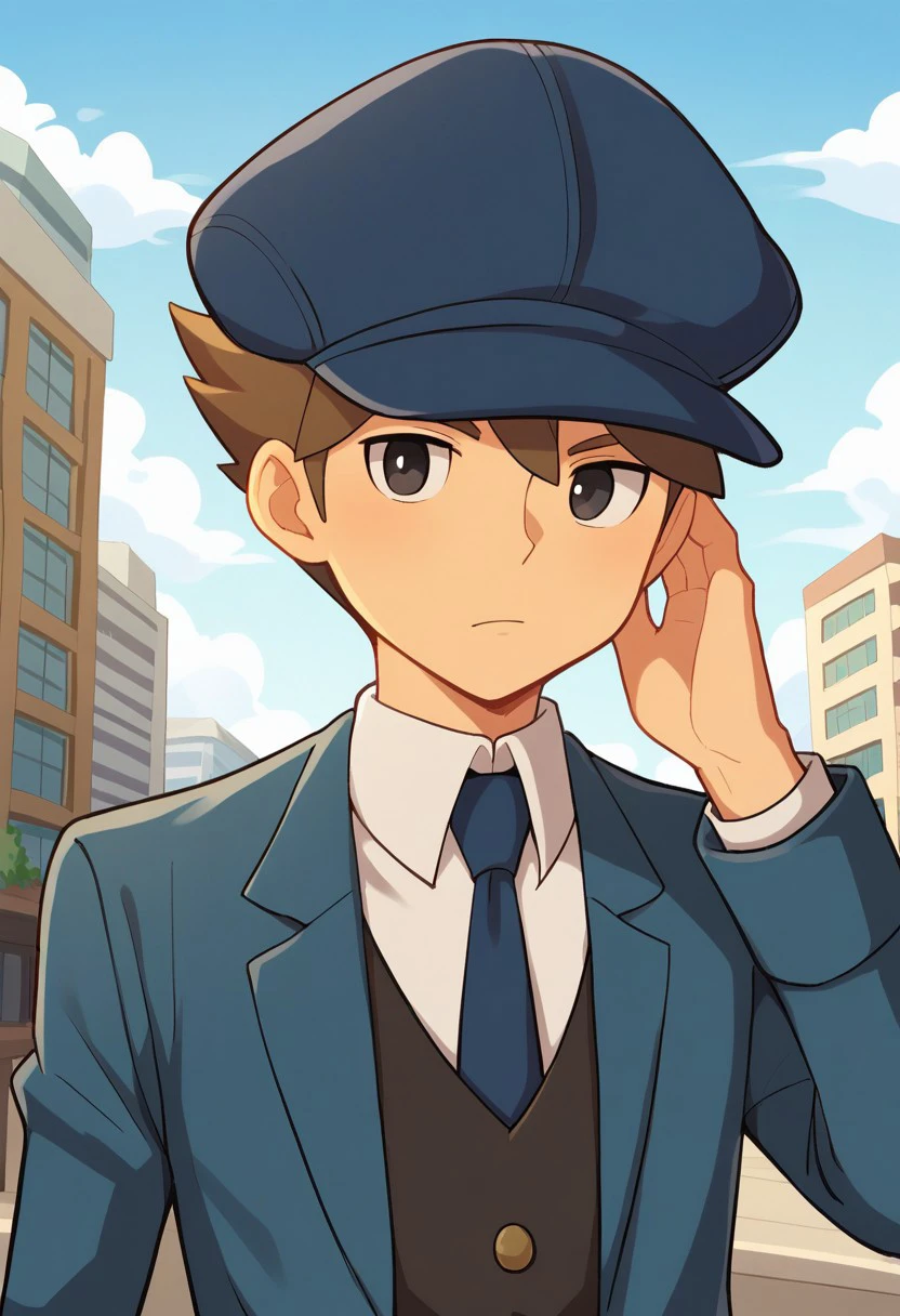 score_9, score_8_up, score_7_up, source_anime, highly detailed,
clive, 1boy, male focus, solo, hat, brown hair, necktie, black eyes, blue headwear,
blue necktie, upper body, jacket, adjusting clothes, looking at viewer, formal,
vest, adjusting headwear,
outdoor, sky, building