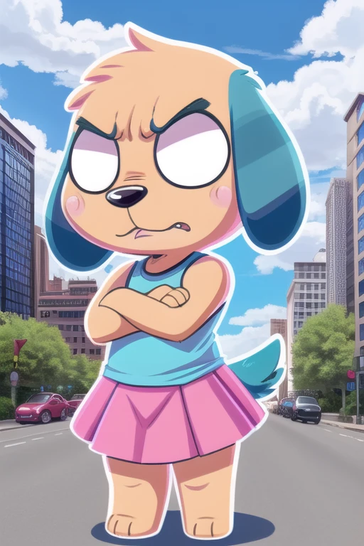 1boy, furry male, male focus, solo, standing, chibi, floppy ears, tail, furry, constricted pupils, wide-eyed, surprised, angry, !?, aqua shirt, sleeveless, crossed arms, pink skirt, outdoors, city, high quality, best quality, outline, <lora:trg_biskit_v1:0.8>