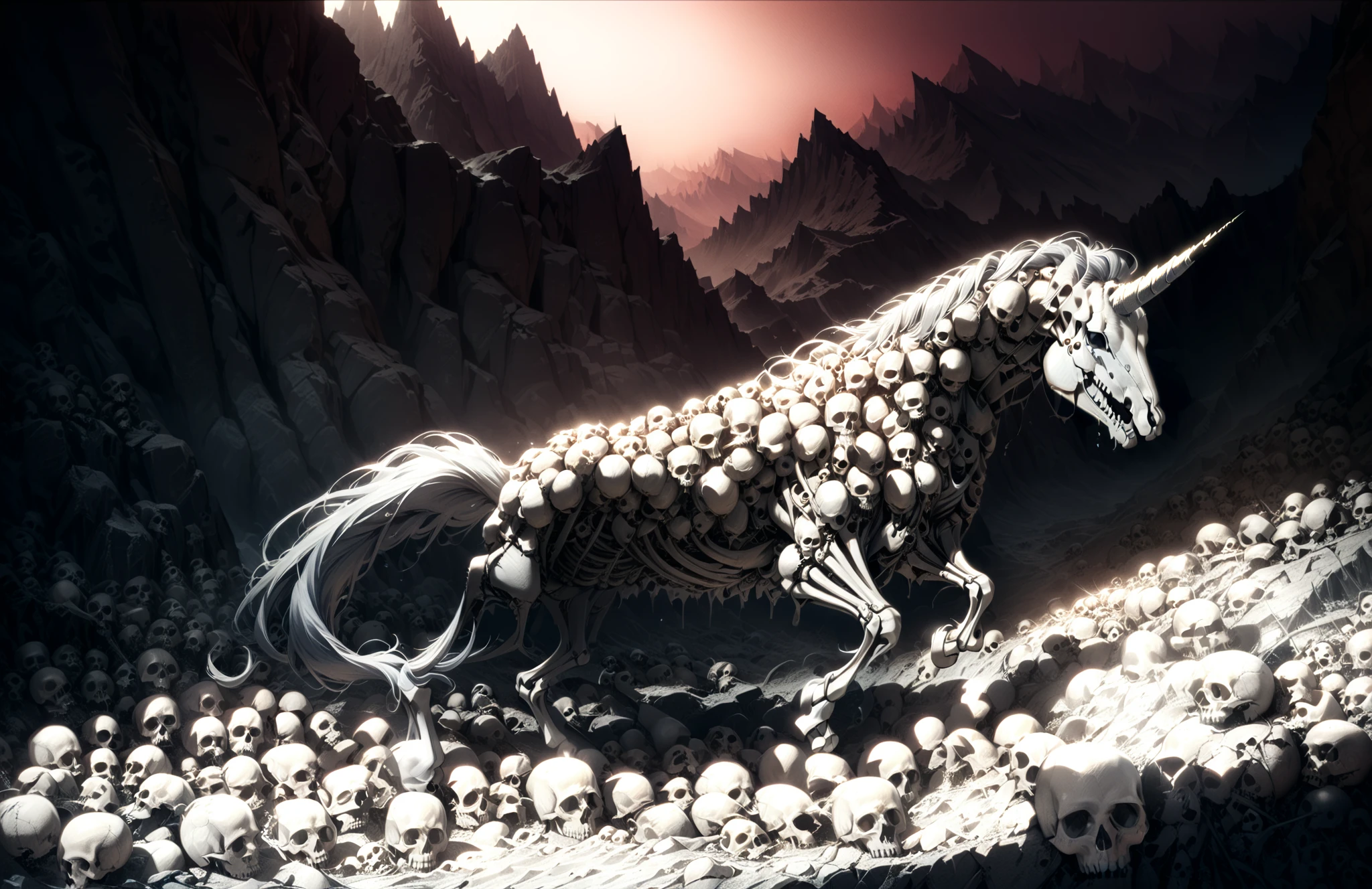 <lora:Skulls for the Skull Throne:1.1>,Skulls for the Skull Throne,( a white skeleton leaping unicorn made from skulls on top of mountain:1.5),(surrounded by shadows,Black fur,dark mane),red eyes,a dim sunset behind,bloody red sky,on wasteland of forgotten battlefield,broken swords everywhere,no humans,(long shot:1,wide shot:1),RAW photo,best quality,(realistic,photo-realistic:1.3),masterpiece,extremely detailed,an eerie atmosphere,<lora:add-detail-xl:1>,<lora:great_lighting:0.8>,monochrome,