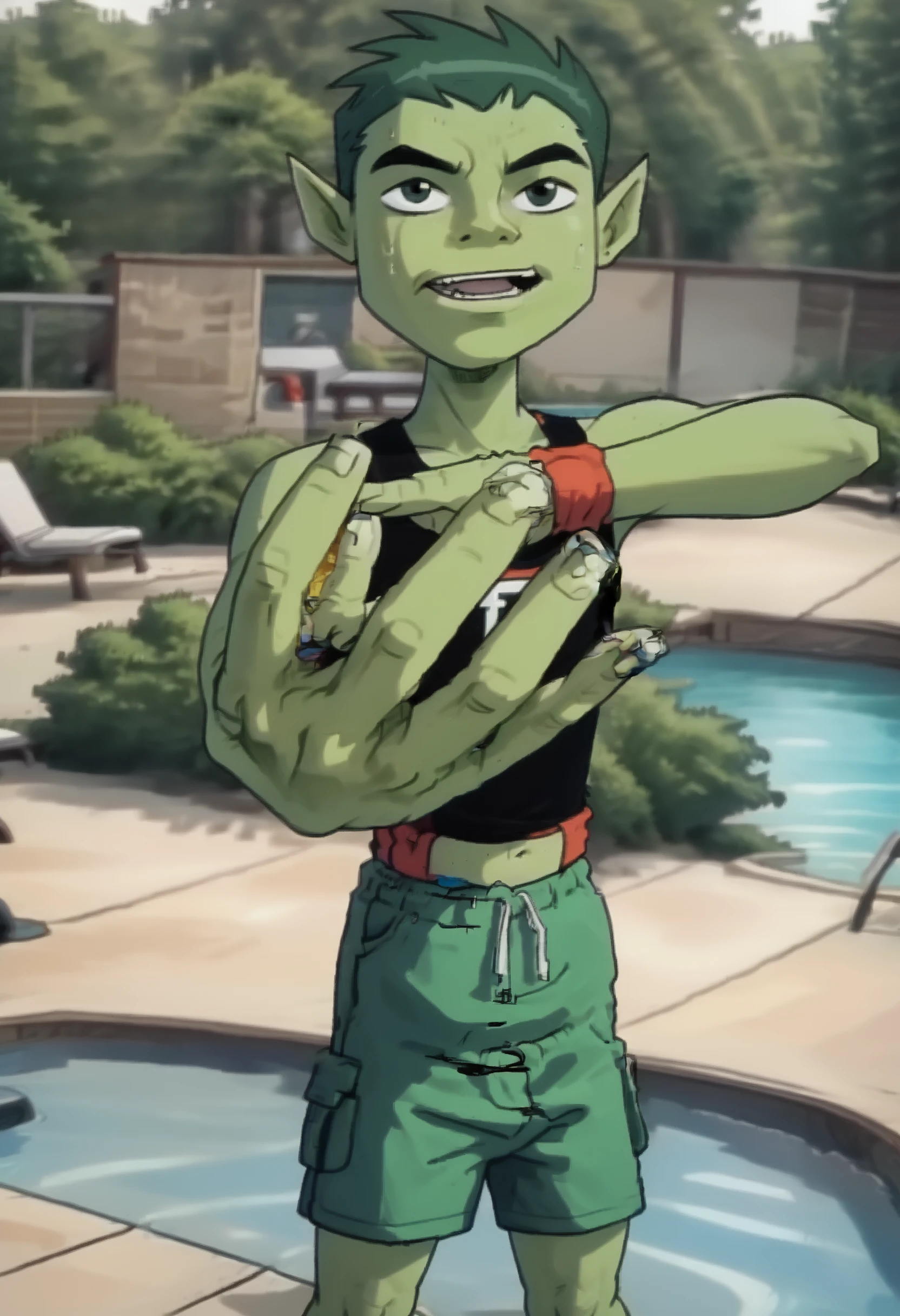score_9, score_8_up, score_8, <lora:titans_pony_v1:0.8> solo, 1boy, colored skin, beast boy, tank top, shorts,
<lora:Holding_Up_4_Fingers:0.7> holding up 4 fingers, 4f1ng3rs, pose
outdoors, swimming pool,