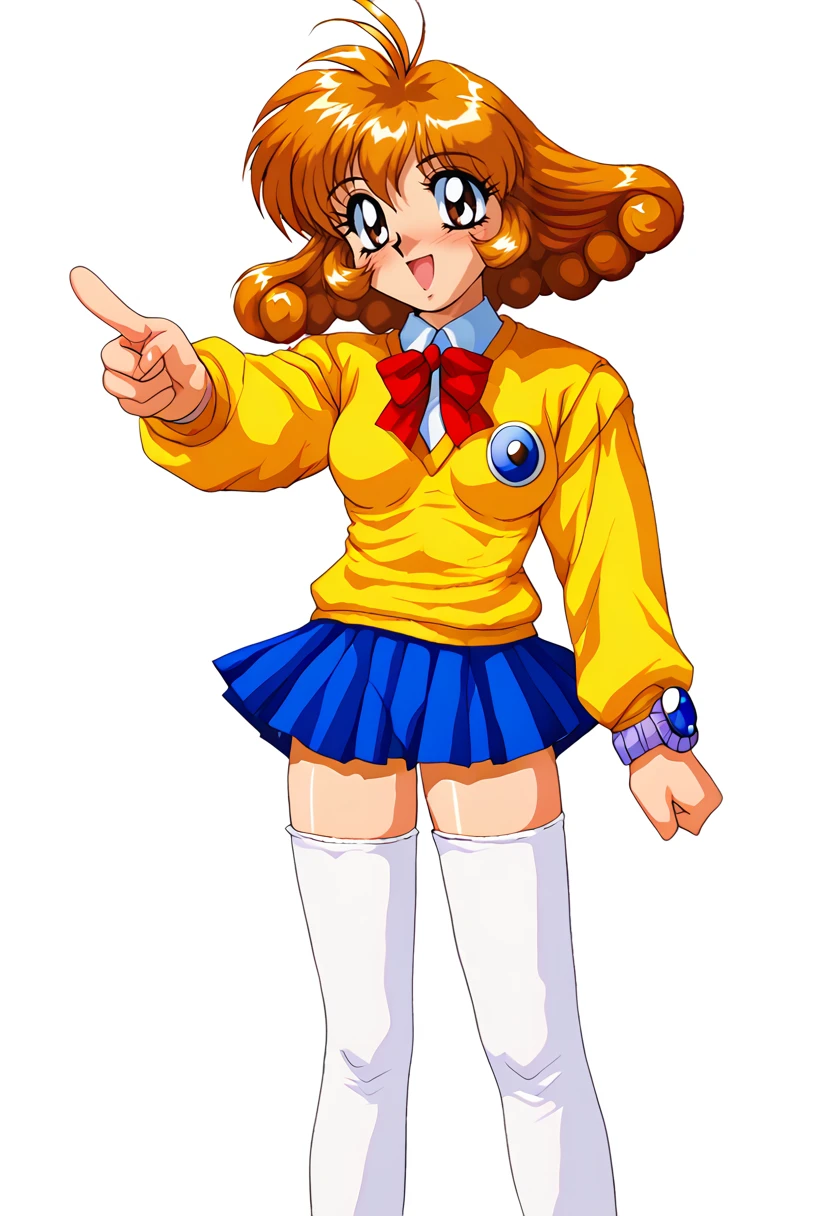 score_9, score_7_up, hd, (ultra hd quality details), white background, 1990s \(style\), retro artstyle,
solo, 1girl, kasugayuidef, antenna hair,
school uniform, yellow sweater, long sleeves, blue skirt, pleated skirt, white thighhighs, wristwatch,
looking at viewer, blush, smile, open mouth,
standing, pointing up,
<lora:_eyeball_style-elesico-pony-12:1> <lora:_kasuga_yui-elesico-pony:0.9>