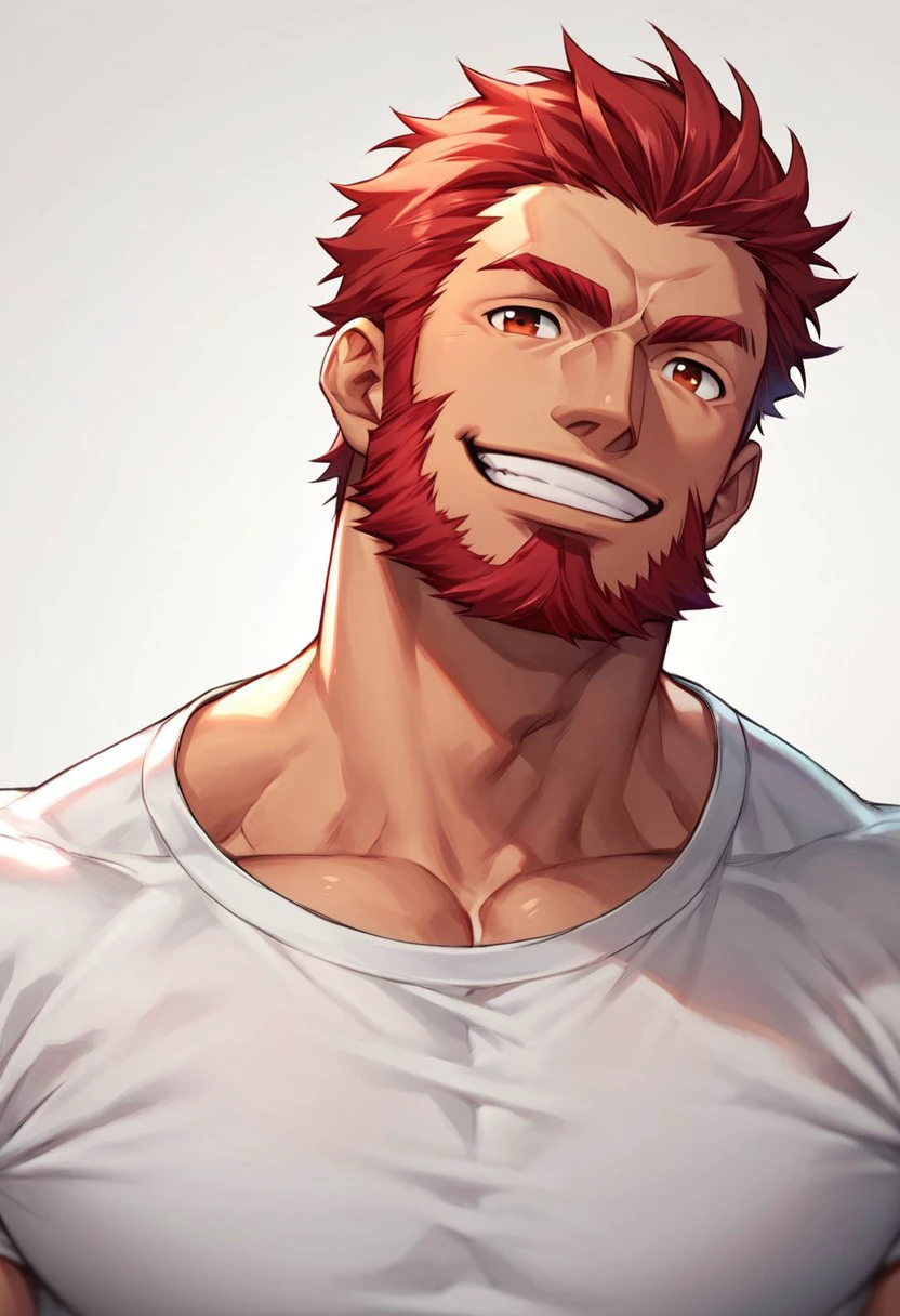 score_9, score_8, score_7_up, bara, male focus
1 man, red hair, goatee, beard, muscular, portrait, smile, white t shirt