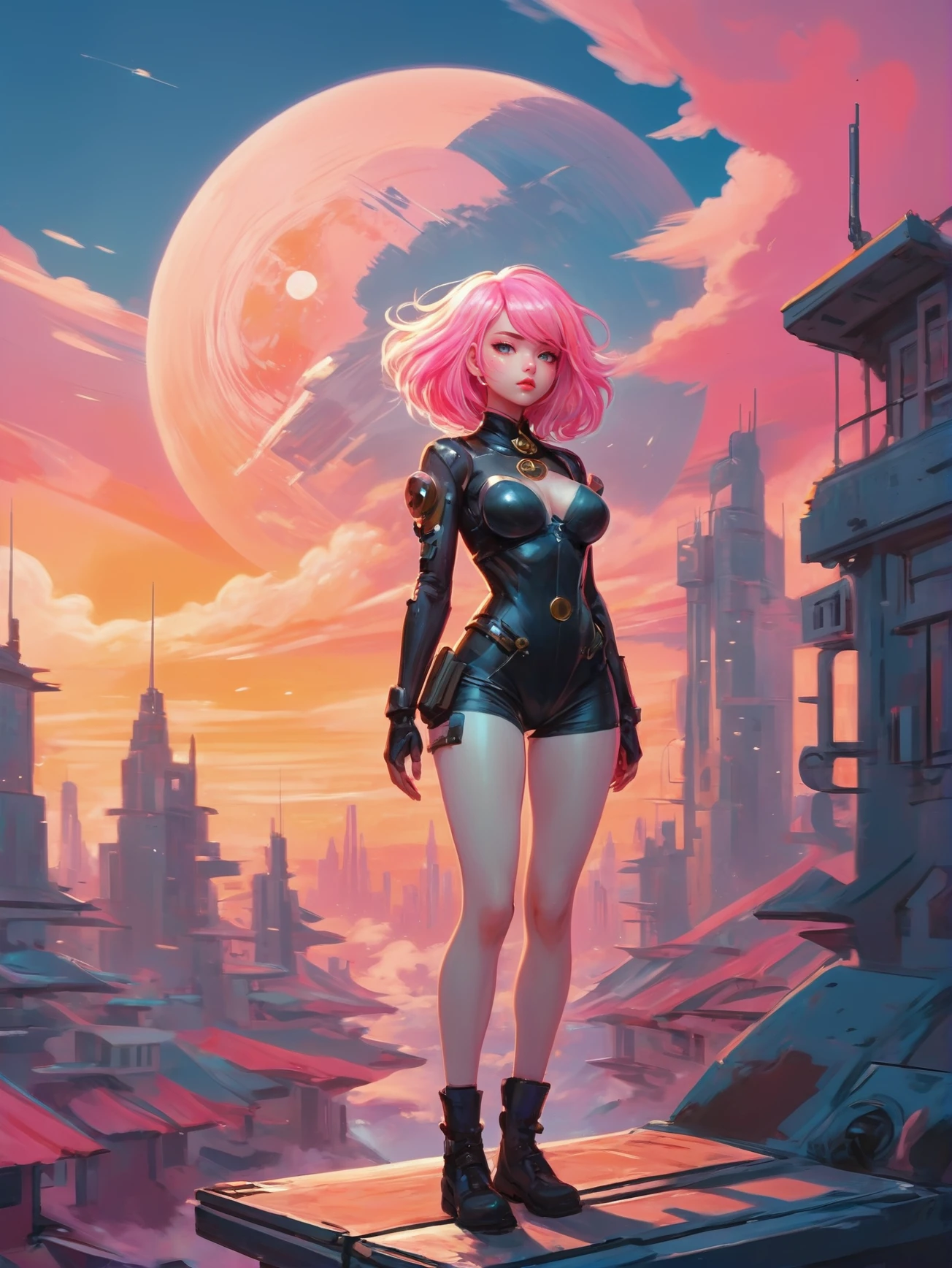 digital painting, warlike fantasy, punk girl, (full body:1.2), 1girl, woman, confident, solo, [:epic costume design,:0.2], cyber sniper, bombshell hair, sunset and pink hair with multicolor highlights, very long hair, thick thighs, narrow waist, japanesemorning, blue sky, clouds, architecture, "at the Dreamlike Supernatural Mech"<lora:EnvyQuaintFuturismXL01:1.2>