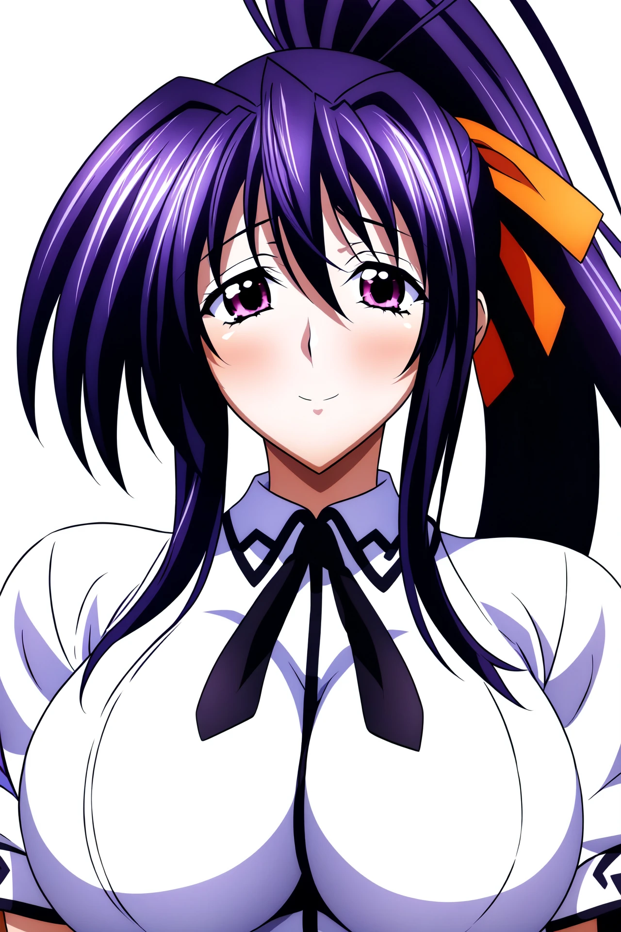 Simple Background,White Background,
dynamic pose,standing at attention,
white shirt,short_sleeves,puffy sleeves,Black neckwear,
Red pleated skirt,school uniform,
<lora:Akeno_Himejima_DXD-KK77-V5:0.6>,
<lora:Akeno_Himejima_DXD-KK77-V3:0.3>,
purple_eyes,Purple_hair,Bangs,Yellow hair Ribbon,long hair, high ponytail,
<lora:more_details:0.1>,<lora:NovelAI_YesMix5_KKStyle-KK77-Yes5-V1:0.5>,
1 girl, 20yo,Young female,Beautiful long legs,Beautiful body,
Beautiful Nose,Beautiful character design, perfect eyes, perfect face,expressive eyes,perfect balance,
looking at viewer,(Focus on her face),closed mouth, (innocent_big_eyes:1.0),(Light_Smile:0.3),
official art,extremely detailed CG unity 8k wallpaper, perfect lighting,Colorful, Bright_Front_face_Lighting,White skin,
(masterpiece:1.0),(best_quality:1.0), ultra high res,4K,ultra-detailed,
photography, 8K, HDR, highres, absurdres:1.2, Kodak portra 400, film grain, blurry background, bokeh:1.2, lens flare, (vibrant_color:1.2),professional photograph,
(Beautiful,large_Breasts:1.4), (beautiful_face:1.5),(narrow_waist),