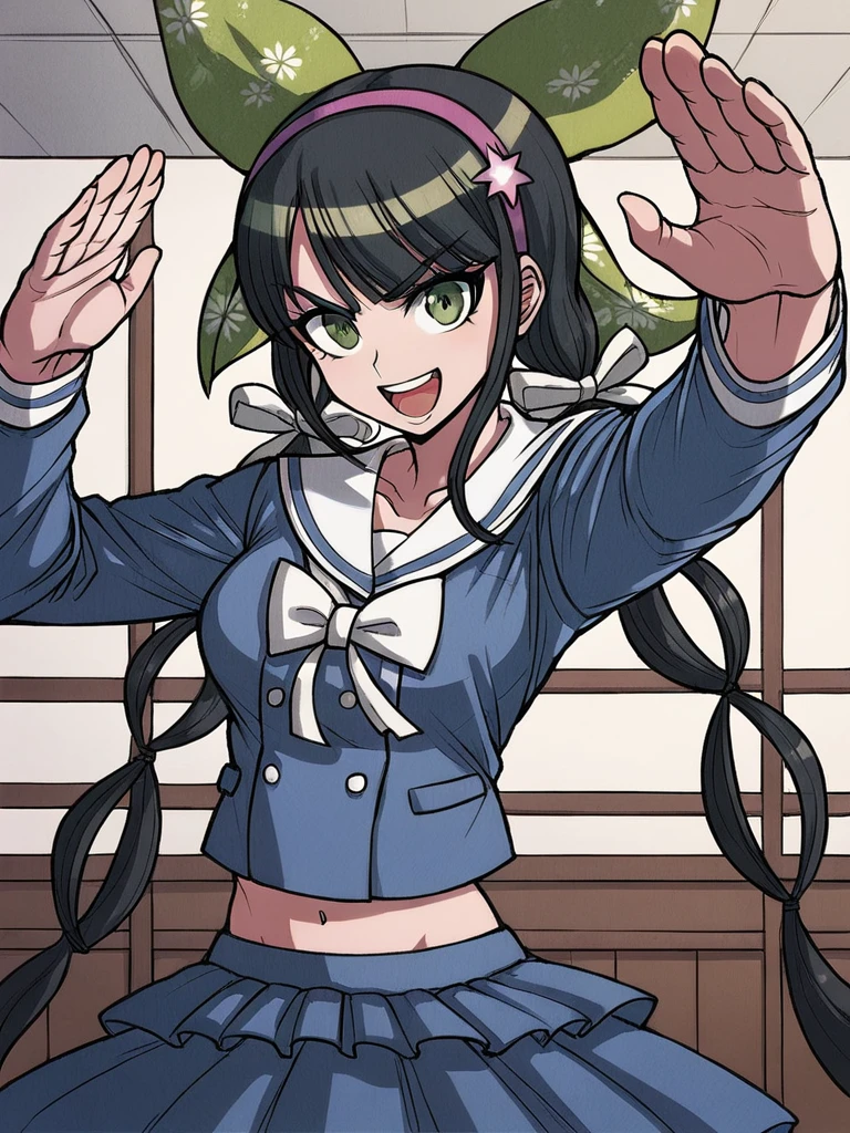 score_9, score_8_up, score_7_up, 
1girl, chabashira tenko, black hair, low twintails, long twintails, green eyes, hairband, hair bow, green bow, 

looking at viewer, smile, open mouth, fighting stance, indoors, living room,

school uniform, serafuku, bowtie, long sleeves, blue shirt, midriff, skirt, 