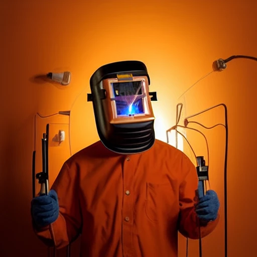 man in an orange welder_mask on his head holds an electrode holder in his raised hand above his head, a bright electric arc burns at the end of the electric gas burner,