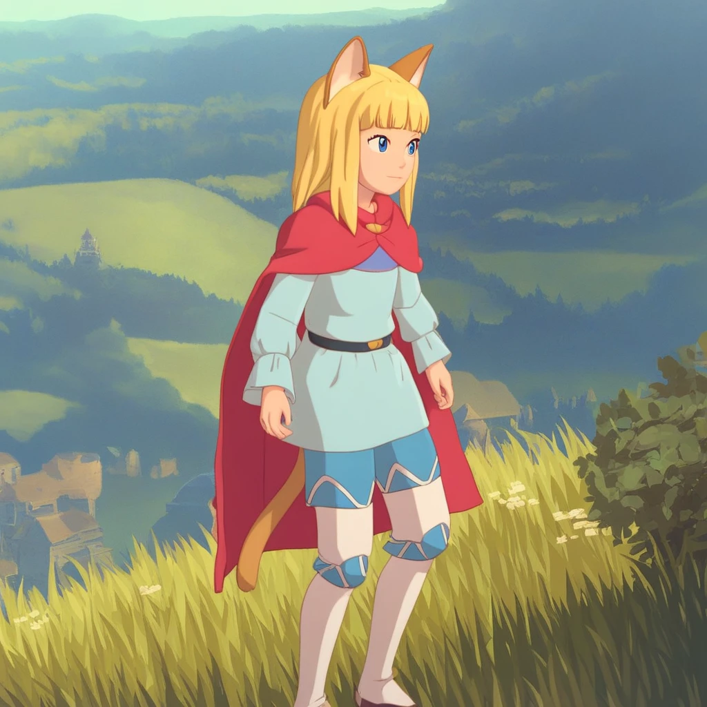 score_9, solo, evan, blonde hair, cat ears, blue eyes, cape, outdoors