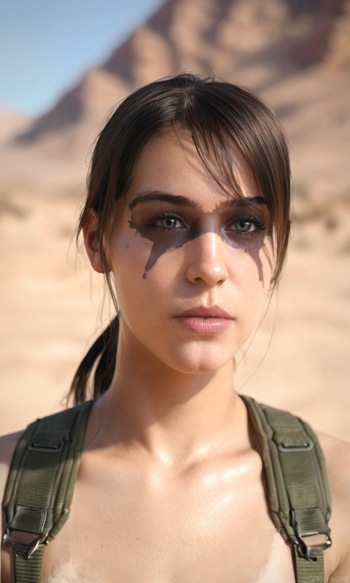 score_9, score_8_up, score_7_up, BREAK, zy_quiet, 1girl, brown hair, ponytail, suspenders, face paint, portrait, realistic, photo, real hair, detailed skin, desert, highly detailed, detailed skin, depth of field, film grain, <lora:zy_Quiet_PonyRealism_v1:.7>