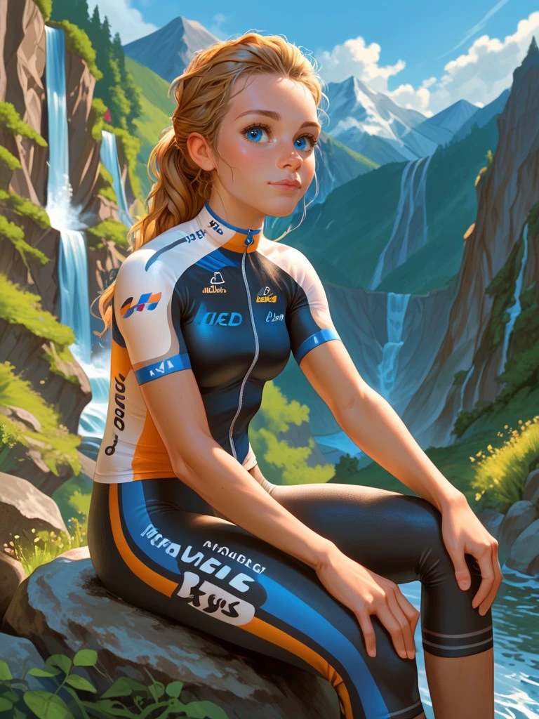 score_9, score_8_up, score_7_up, BREAK, solo,  blue eyes,  marion_rousse, cyclist clothes, cute face, sit on a rock, mountains, waterfalls, heaven background <lora:marion_rousse_xl:0.9>