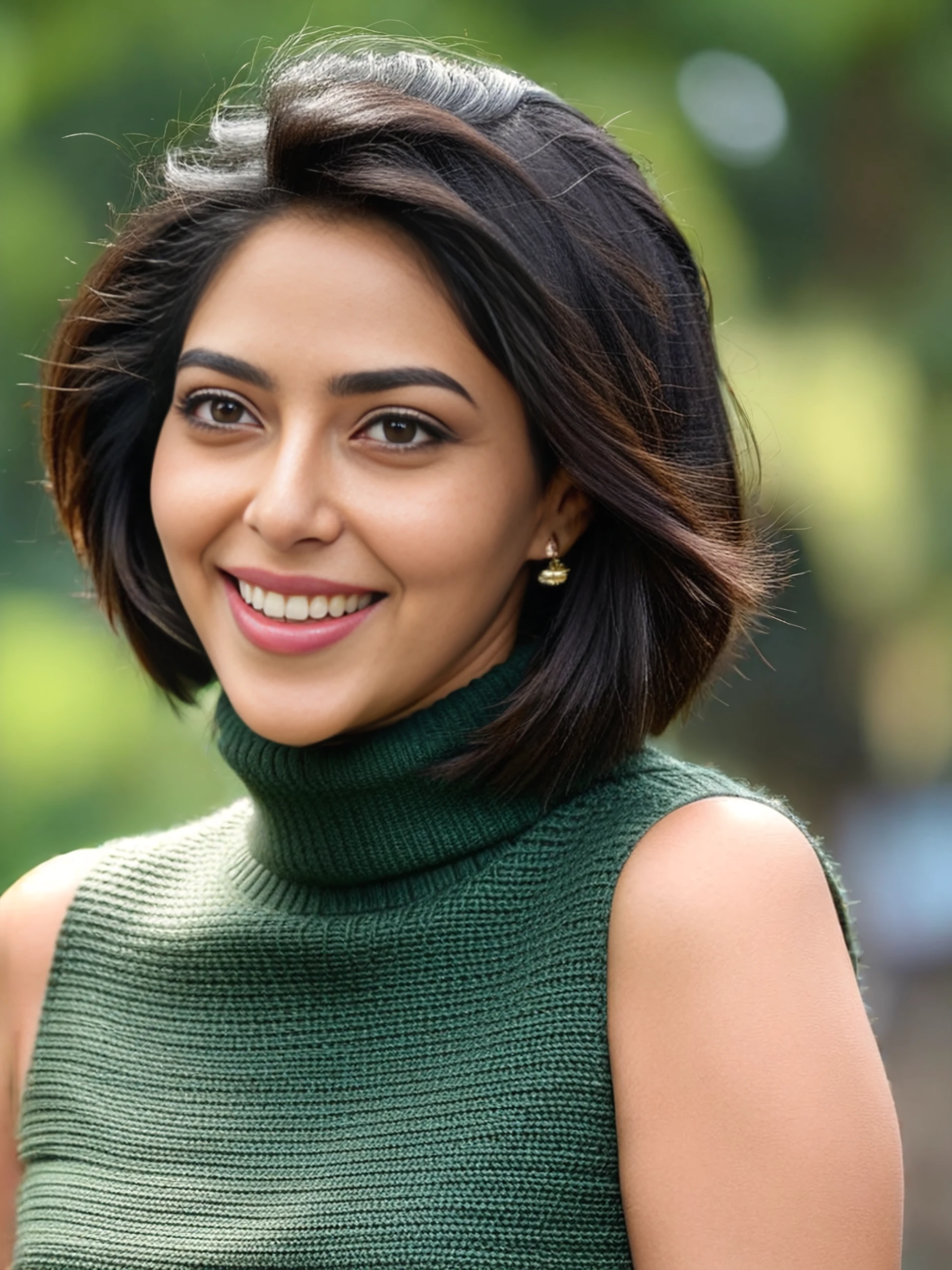 portrait photo of Aishwarya Lekshmi woman, solo, bob hair cut, laughing, looking at the camera,  Green sleeveless turtleneck, , contrasting background bokeh,   <lora:Aishwarya_Lekshmi_SDXL_LoRA_prodigy_local_xformers_HNE:1>