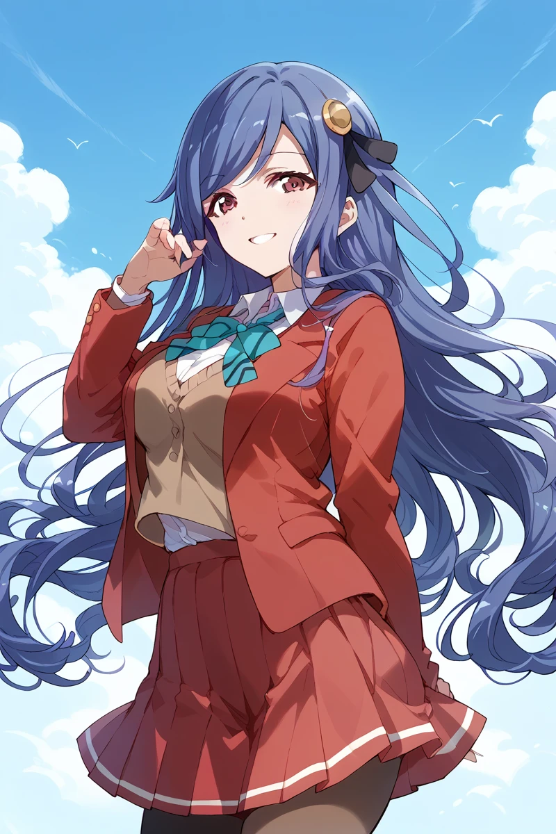 score_9, score_8_up, score_7_up, score_6_up, 1girl,
<lora:Shizuha_Kocho:0.9> shizuha, long hair, breasts, solo, pantyhose, skirt, smile, blue hair, looking at viewer, school uniform, hair ornament, red jacket, pleated skirt, red skirt, brown eyes, brown vest