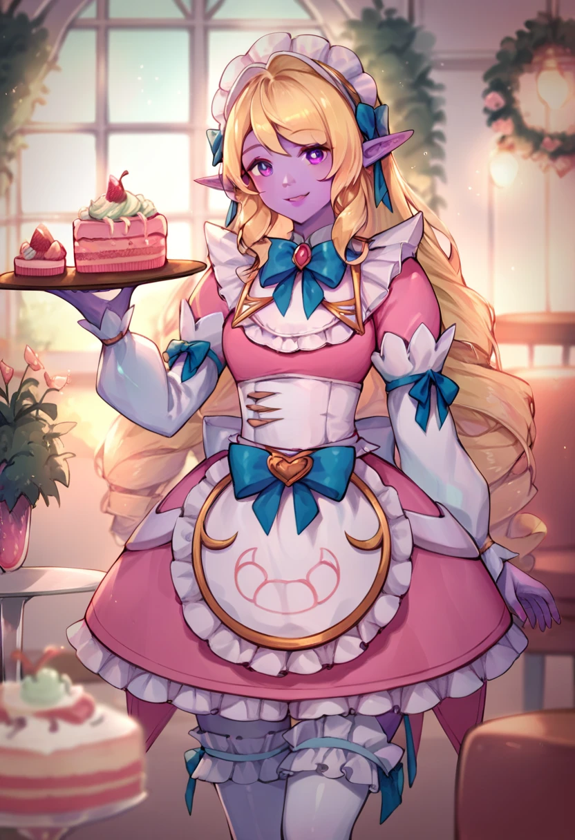 <lora:Cafe_Cuties_Soraka:0.8> 1girl, solo, ccsoraka, purple skin, pink maid, blonde hair, pointy ears, frilled thighhighs, cafe, holding tray, cake slice, smile, score_9, score_8_up, score_7_up, score_6_up, score_5_up, score_4_up,