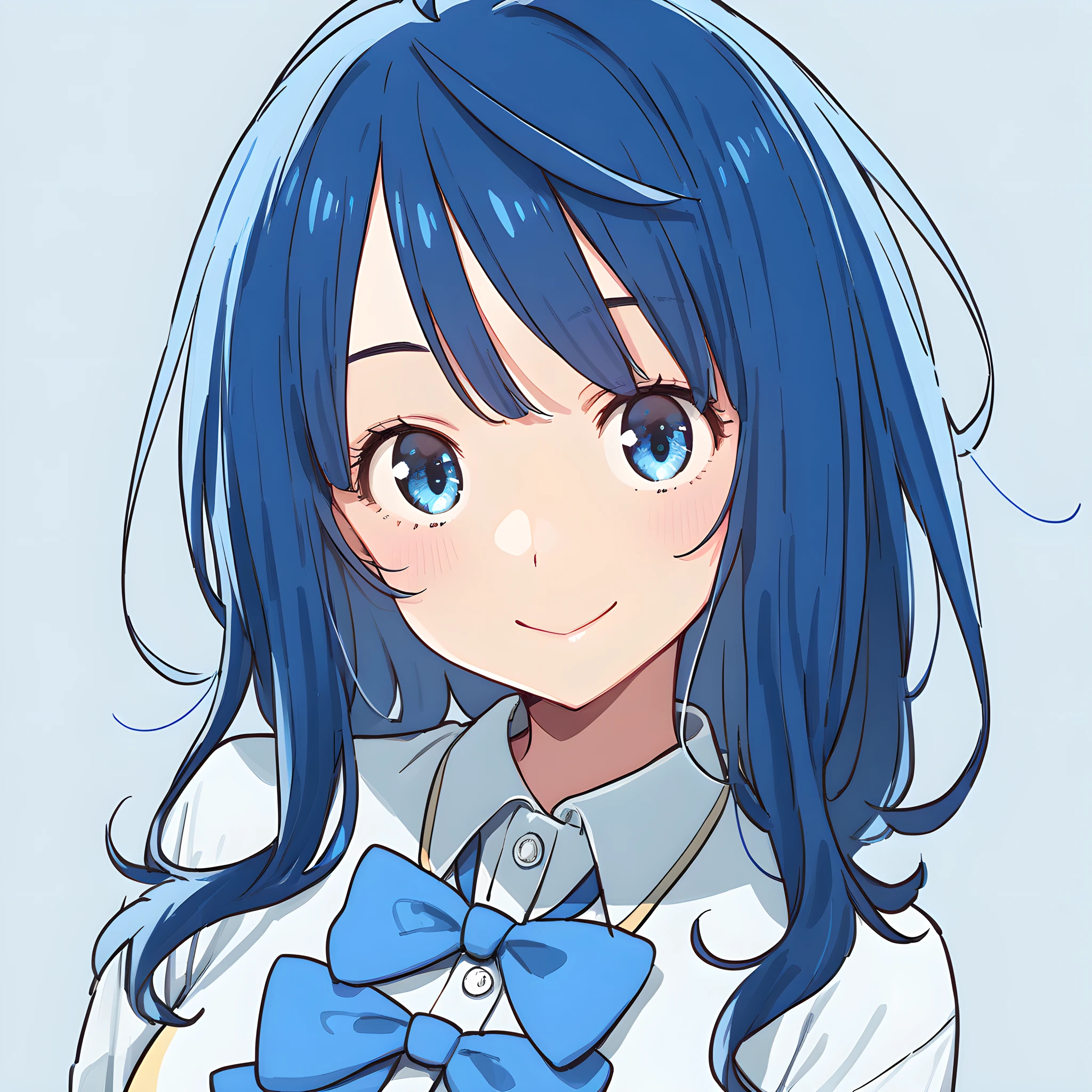 anna_yanami, 1girl, solo, blue eyes, smile, bow, upper body, blue hair, shirt, looking at viewer, ahoge, simple background, blue bow, bangs, white shirt, collared shirt <lora:XL-AnnaYanami:1>