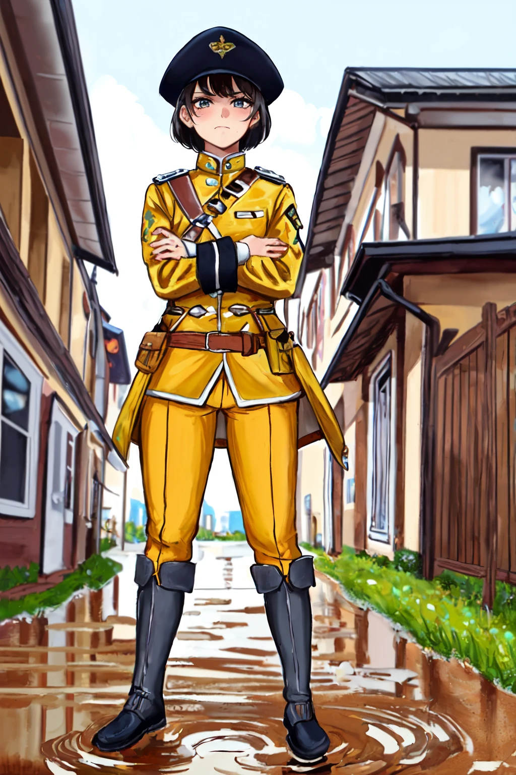 (masterpiece,best quality,absurdres:1.1),1girl,standing,mustarduni, <lora:mustard15uni:0.7>,crossed arms,scowling,yellow jacket,yellow pants,hat,black headwear,long sleeves,military uniform,facing viewer,outdoors,in muddy field,boots,grey skies,dark-skinned female,short black hair