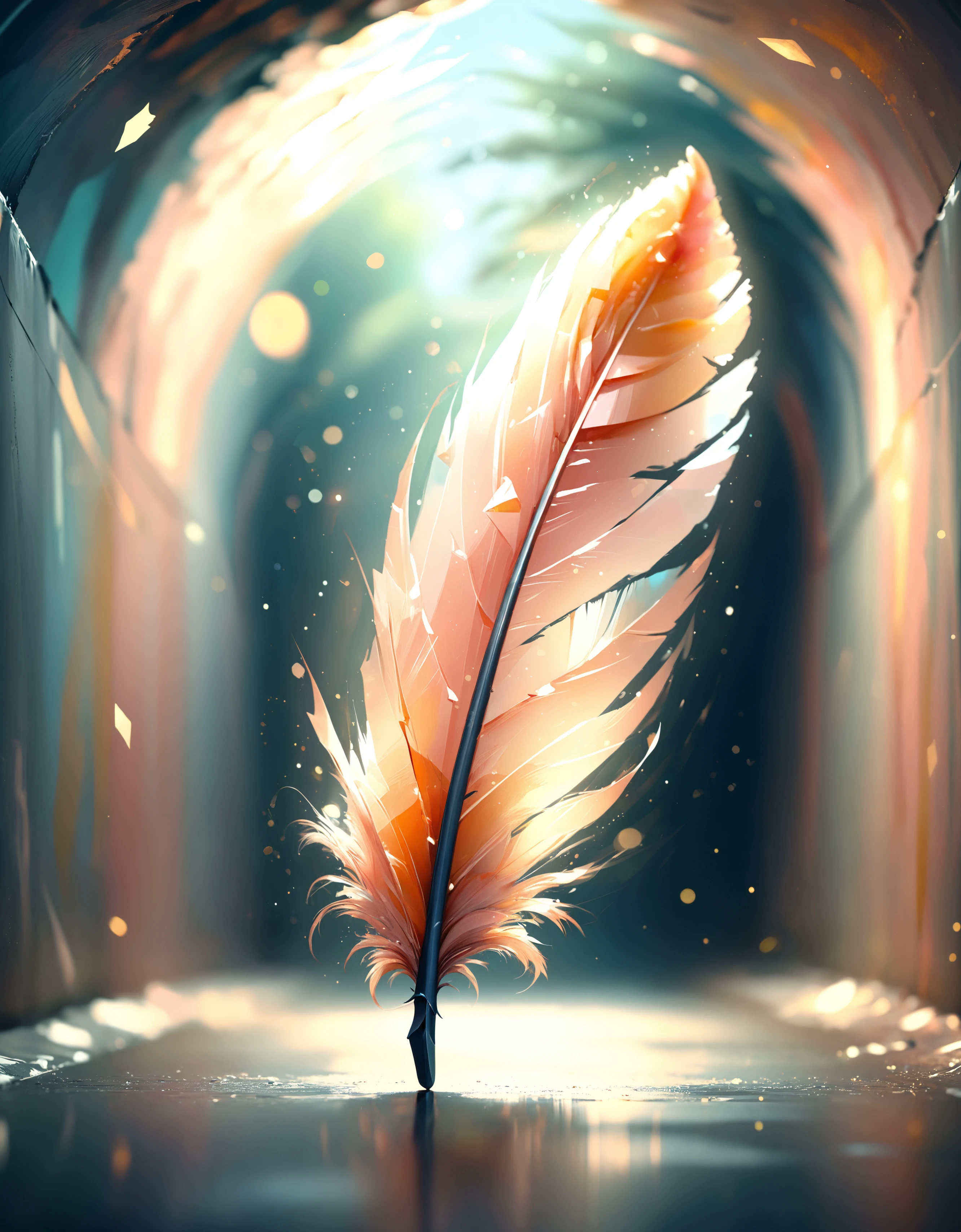 zavy-rghpnt, close-up shot of a Polygional Peach "A single feather falls, an ethereal gift from the sky, carrying the weight of unspoken dreams.", inside a Tunnel, Bokeh, Simple and clean, Joyful, pov, portrait, professional creative, shiny, fine artistic composition, original, atmosphere, dynamic background