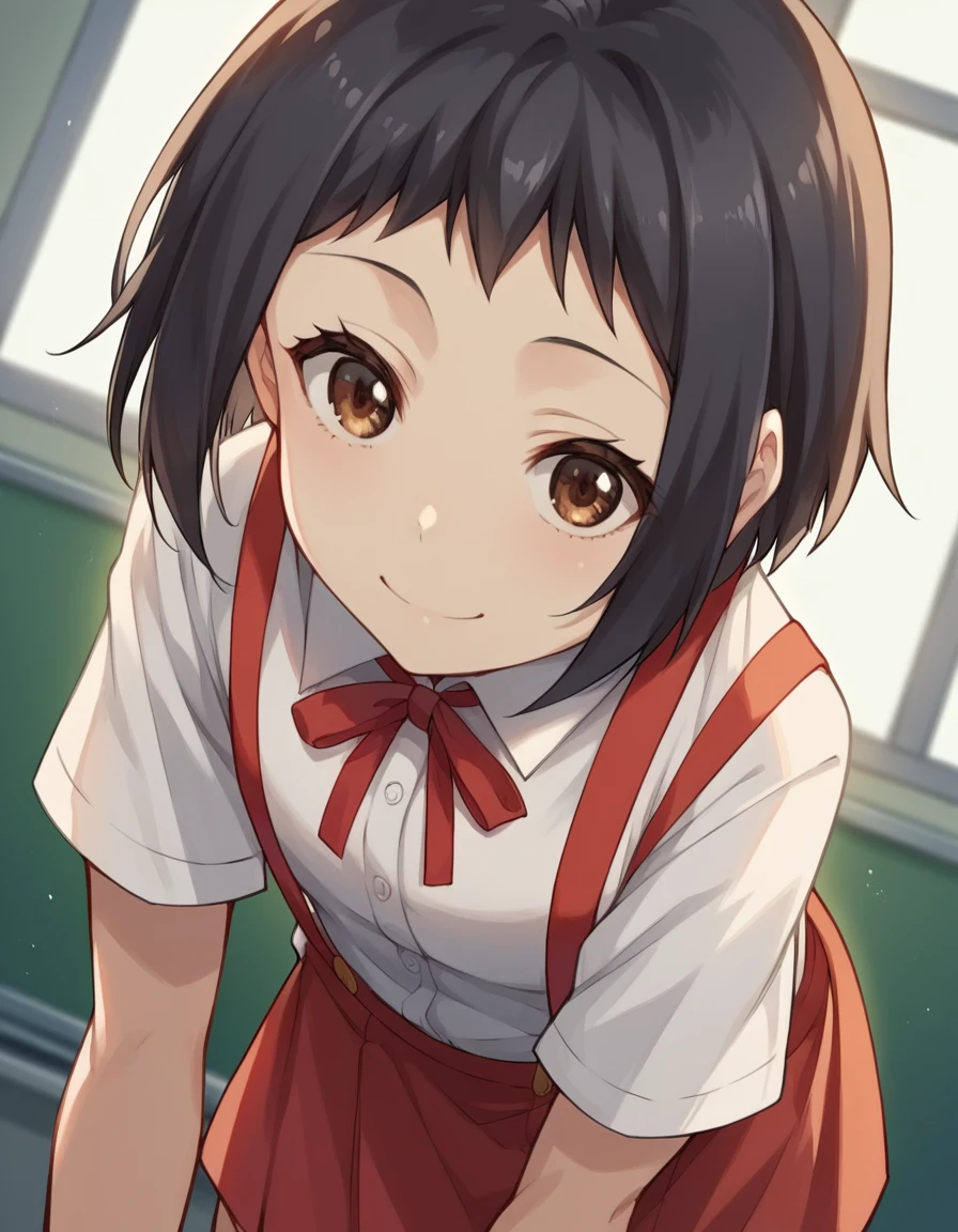 score_9, score_8_up, score_7_up, source_anime, <lora:hanako-hasegawa-ova-ponyxl-lora-nochekaiser:1>, hanako hasegawa, short hair, black hair, brown eyes,, skirt, shirt, ribbon, school uniform, white shirt, red ribbon, suspenders,, indoors, bent over, smile, looking at viewer, solo,, cowboy shot, dutch angle