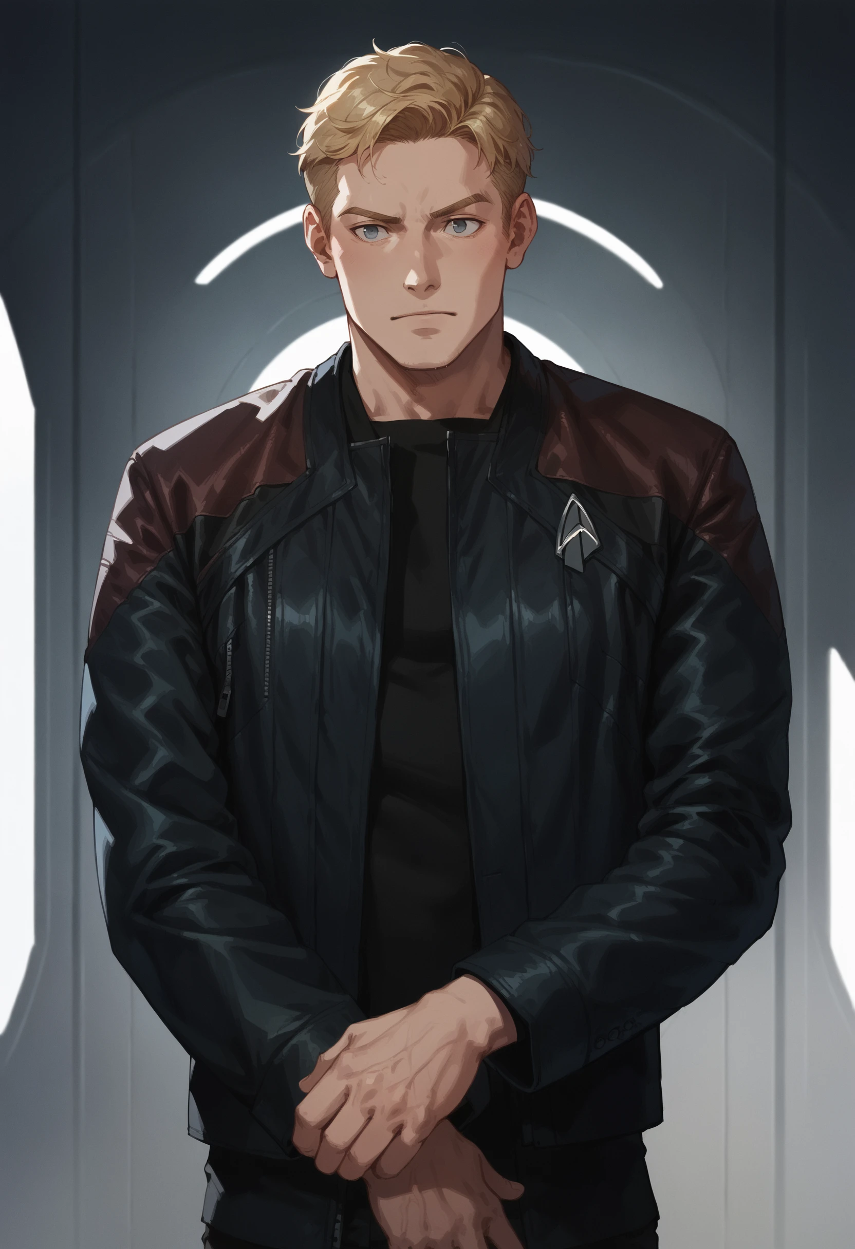 core_9, score_8_up, score_7_up ,score_6_up, man,blonde hair,short hair,modern haircut,space station interrior,machinery,metal walls,
pcdjck,Star trek jacket,red shoulders,black shirt
,<lora:PicardJacketPony>