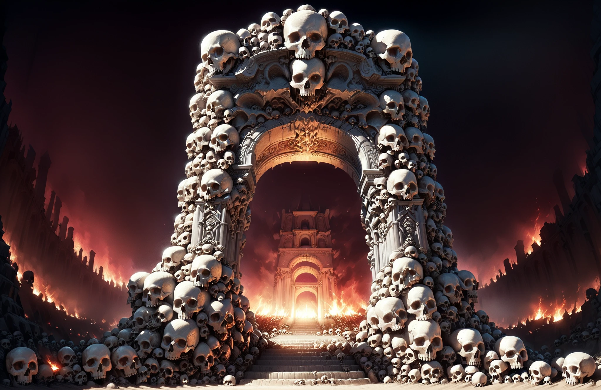 <lora:Skulls for the Skull Throne:1>,Skulls for the Skull Throne,(small size skulls),(A triumphal arch all made from skulls:1.5),stairs,on wasteland burning everywhere,black and red background with blood and fire,(the night is lit by fires:0.6),dark night:1,dark backgroung,low angle shot,wide shot,RAW photo,best quality,(realistic, photo-realistic:1.3),masterpiece,extremely detailed,an eerie atmosphere,<lora:add-detail-xl:1>,no humans,<lora:great_lighting:0.7>,