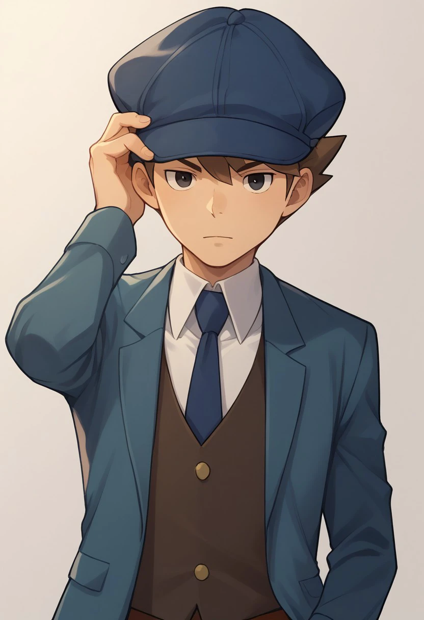 score_9, score_8_up, score_7_up, source_anime, highly detailed,
clive, 1boy, male focus, solo, hat, brown hair, necktie, black eyes, blue headwear,
blue necktie, upper body, jacket, adjusting clothes, looking at viewer, formal,
vest, adjusting headwear,