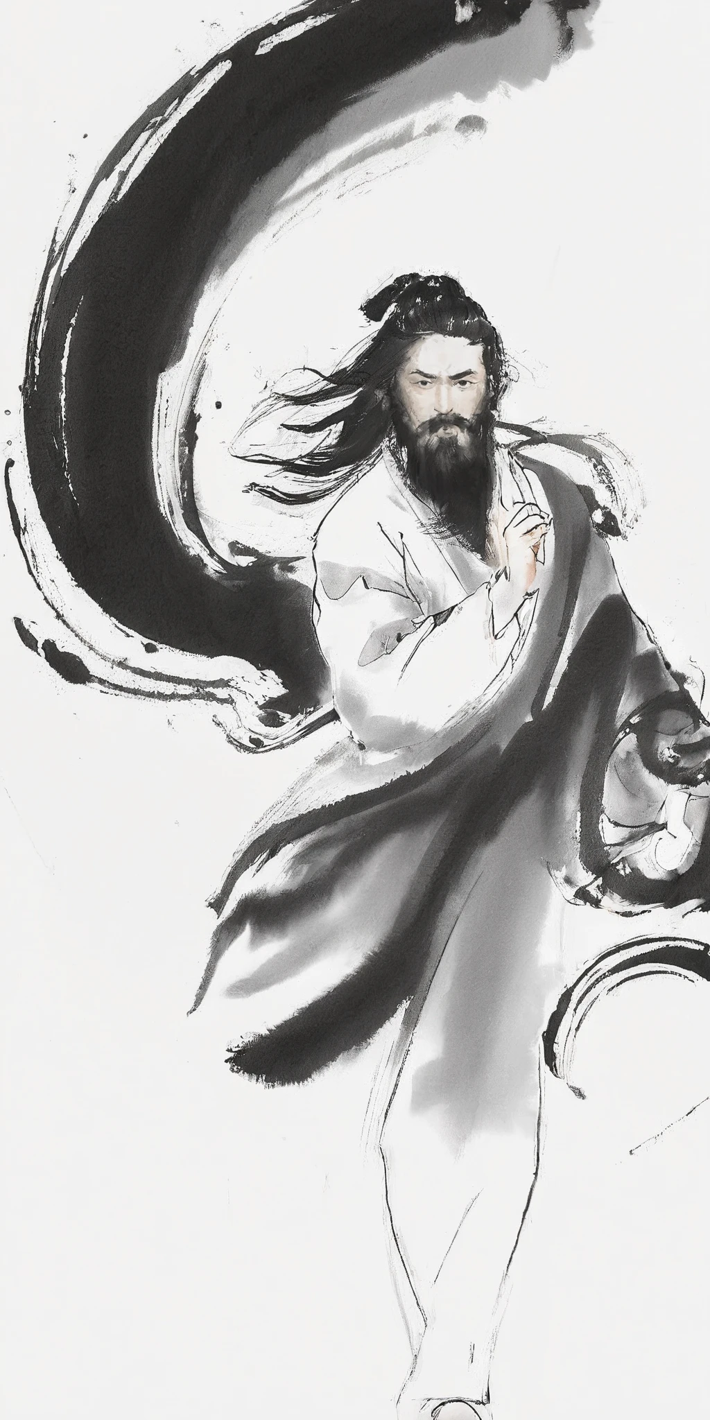 zydInk, , a Chinese man, from half-side, dynamic pose, long hair, with a furrowed brow and narrowed eyes. abstract and dynamic background, swirling ink strokes, motion and energy around the figure, snowflakes floating in air.