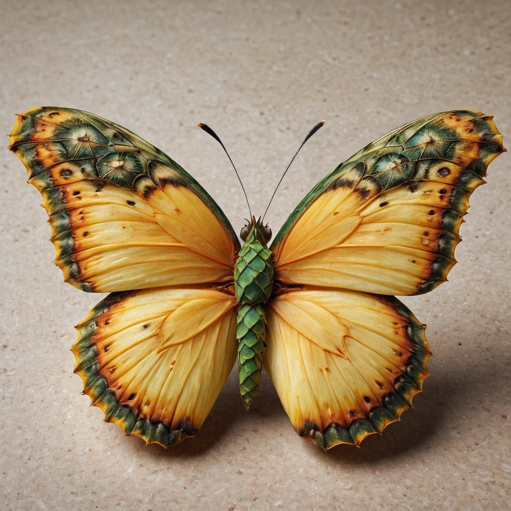 A pineapple butterfly with pineapple wings.
photography, Natural geographic photo, Hyper-realistic, 16k resolution, (masterpiece, award winning artwork), many details, extreme detailed, full of details, Wide range of colors, high Dynamic,
 <lora:PineappleMorph-SDXL-V0.1:1>