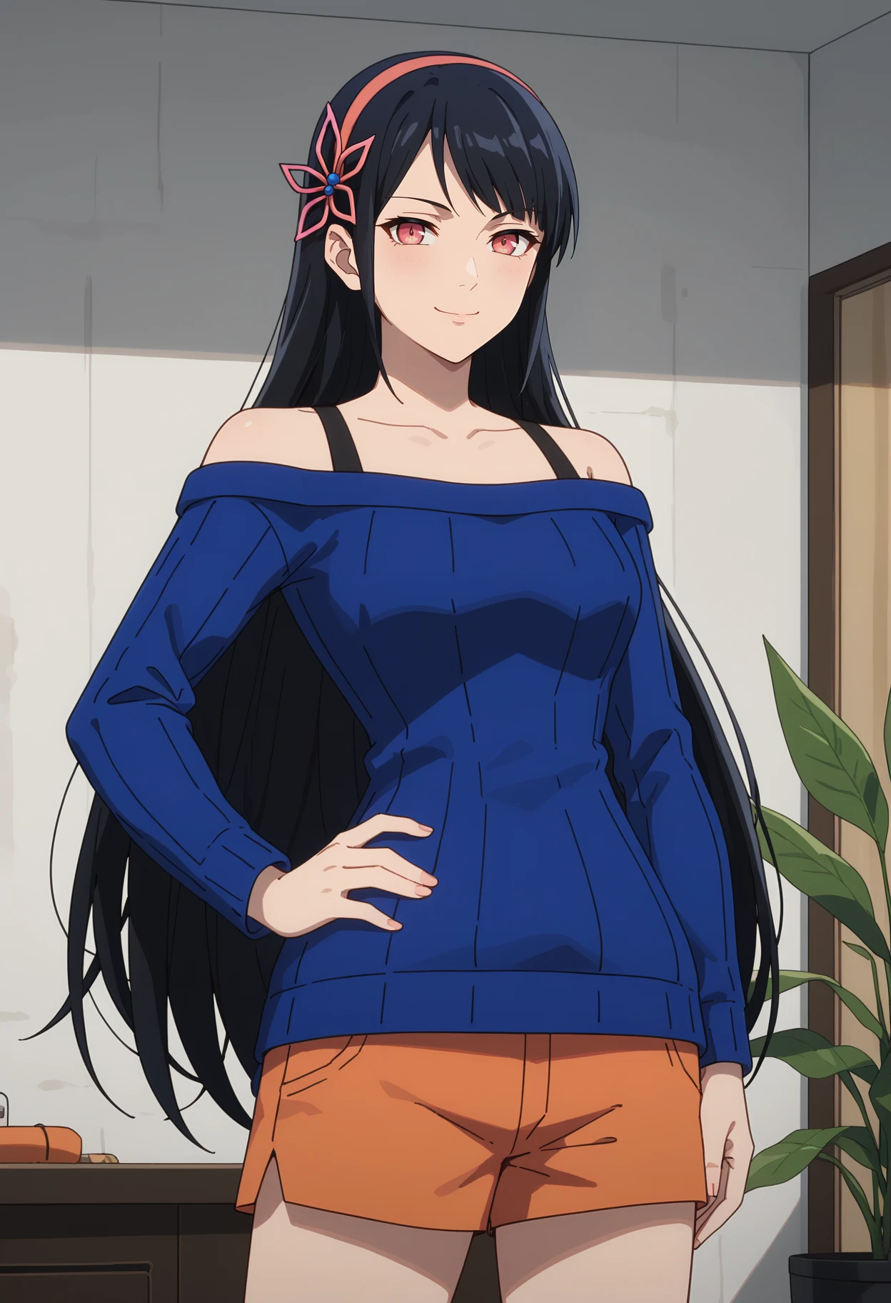 score_9, score_8_up,
<lora:TowerOfGod_YeonYihwaXL:0.9>, YeonYihwa,
1girl, solo, closed mouth, smile,
black hair, long hair, pink eyes, hairband, hair ornament,
sweater dress, off shoulder, blue sweater, bra strap, short shorts, orange shorts, long sleeves,
looking at viewer, facing viewer, hand on own hip,
indoors, grey background