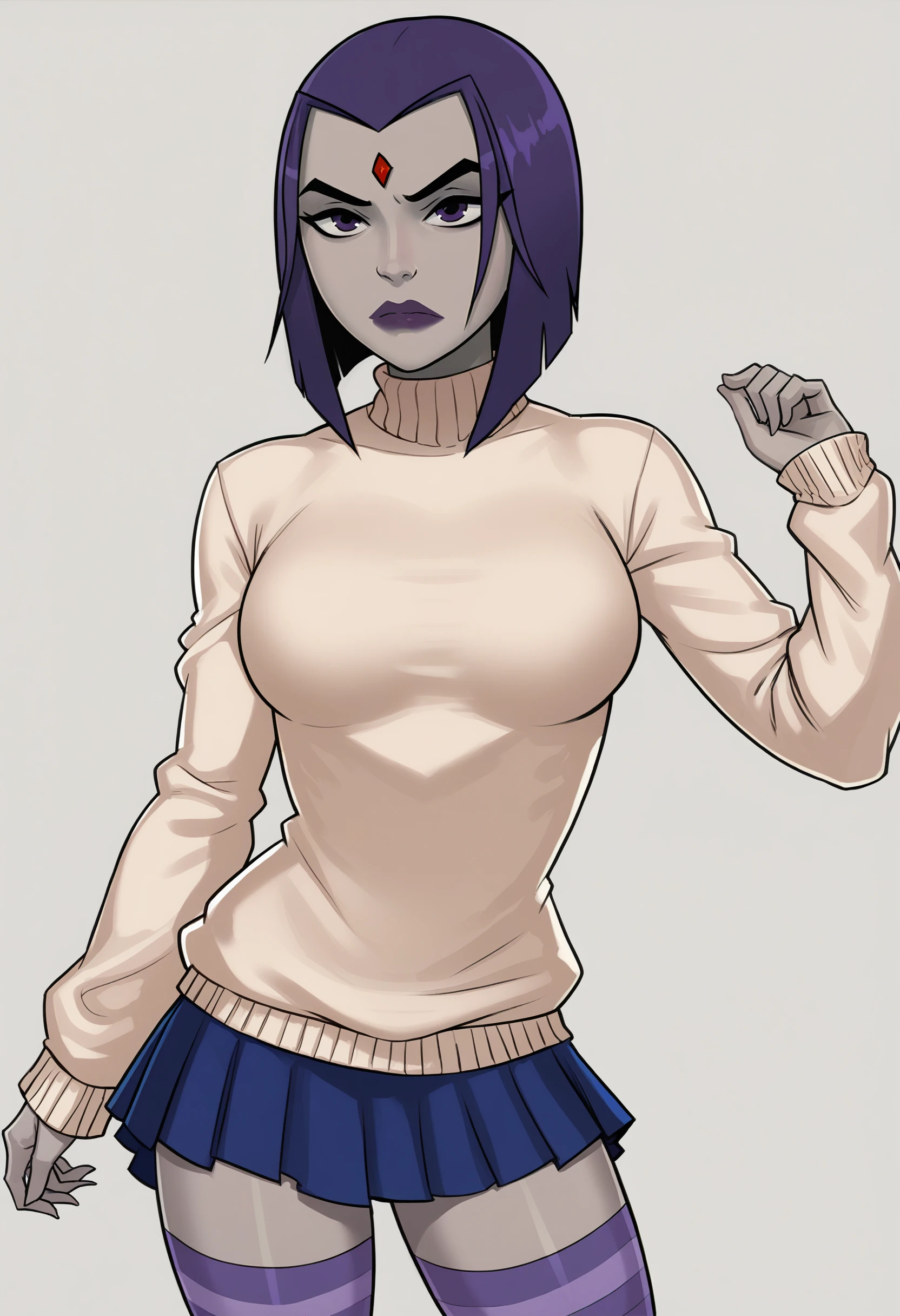 score_9, score_7_up <lora:somethingunlimited-guy-PONY-DORAv1:1>, 1girl, solo, raven \(dc\), striped thighhighs, skirt, sweater,