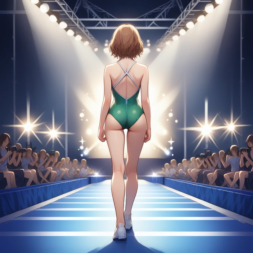 score_9, score_8_up, score_7_up, score_6_up, score_5_up, score_4_up, zPDXL2,source_anime,rating_questionable, 1girl, solo, from behind, behind view, green swimsuit, <lora:Catwalk_Runway:0.8> c4twalk, runway, stage, catwalk, stage lights,audience,