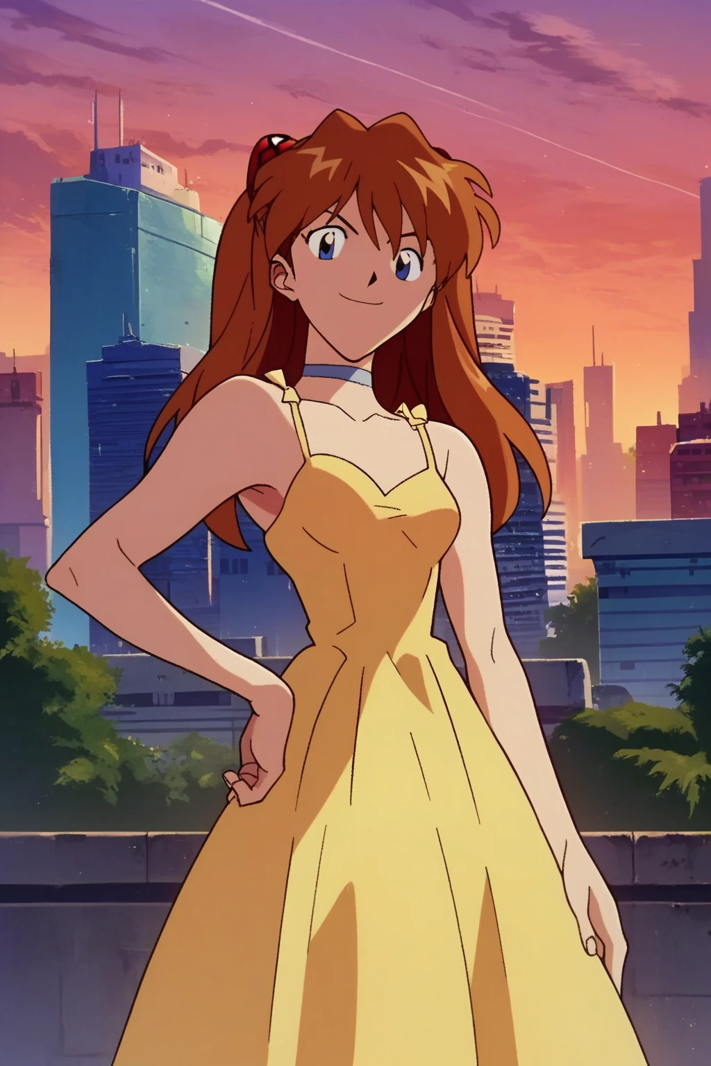 score_9, score_8_up, score_7_up, source_anime, official_style, asuka langley, 1girl, looking at viewer, solo, smile, choker, sundress, yellow dress, hand on hip, outdoors, city, day, sunset