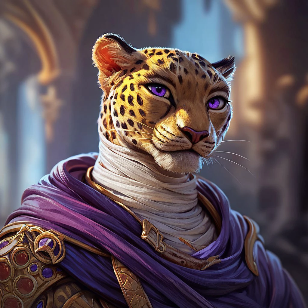 (((beautiful, detailed, high quality))), upper Body, score_9, score_8_up, score_7_up, 
tabaxi, tabaxi leopard, 
1male, purple eyes, purple cape, bandages,
looking at the viewer, posing, blurred background, blurred fantasy background,