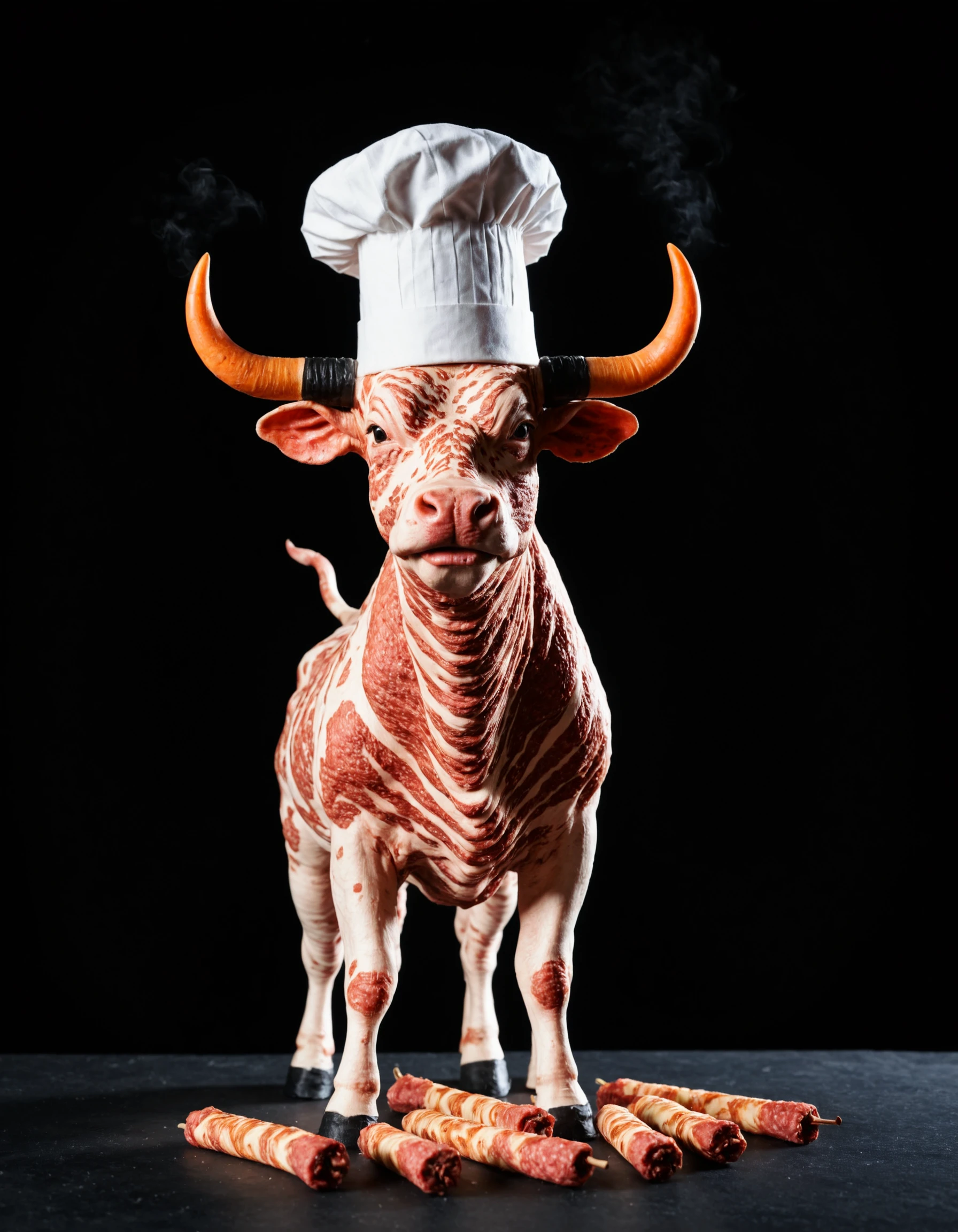 realistic (bull) made of wagyu, wearing a chef's hat, bull horns, barbecue grill, photography, flaming embers floating in the background, black background, from the side,