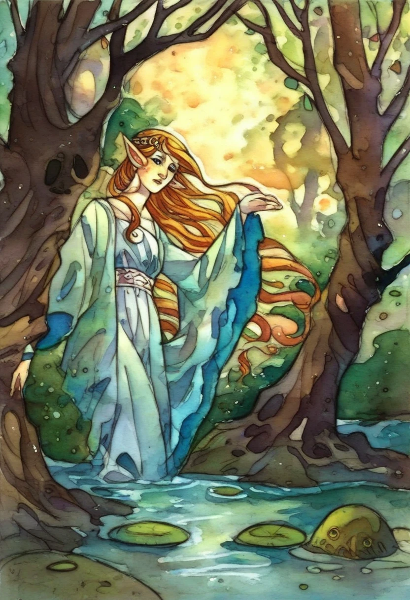 <lora:Rebbecca_Guay_Style:1.25> rebecca_style, fantasy art in watercolor, erotic, sensual, at a swamp, forest, water, lots of vegetation, score_9, score_8_up, score_7_up, score_6_up, score_5_up, score_4_up, hd, (ultra hd quality details), 8K, 2d illustration, intricate detail, extremely detailed, gloomy colors, dark aura, horror, 1girl, Side-swept bangs, large boobs, Hourglass body, dark eyes, Balayage hair, elf, squire, rating_explicit